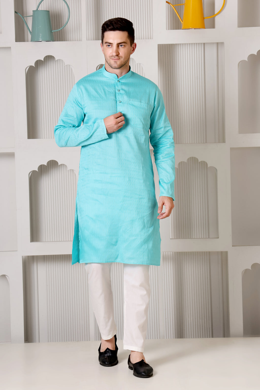 Aqua Blue Pure Cotton Kurta Set with Subtle Striped Weave