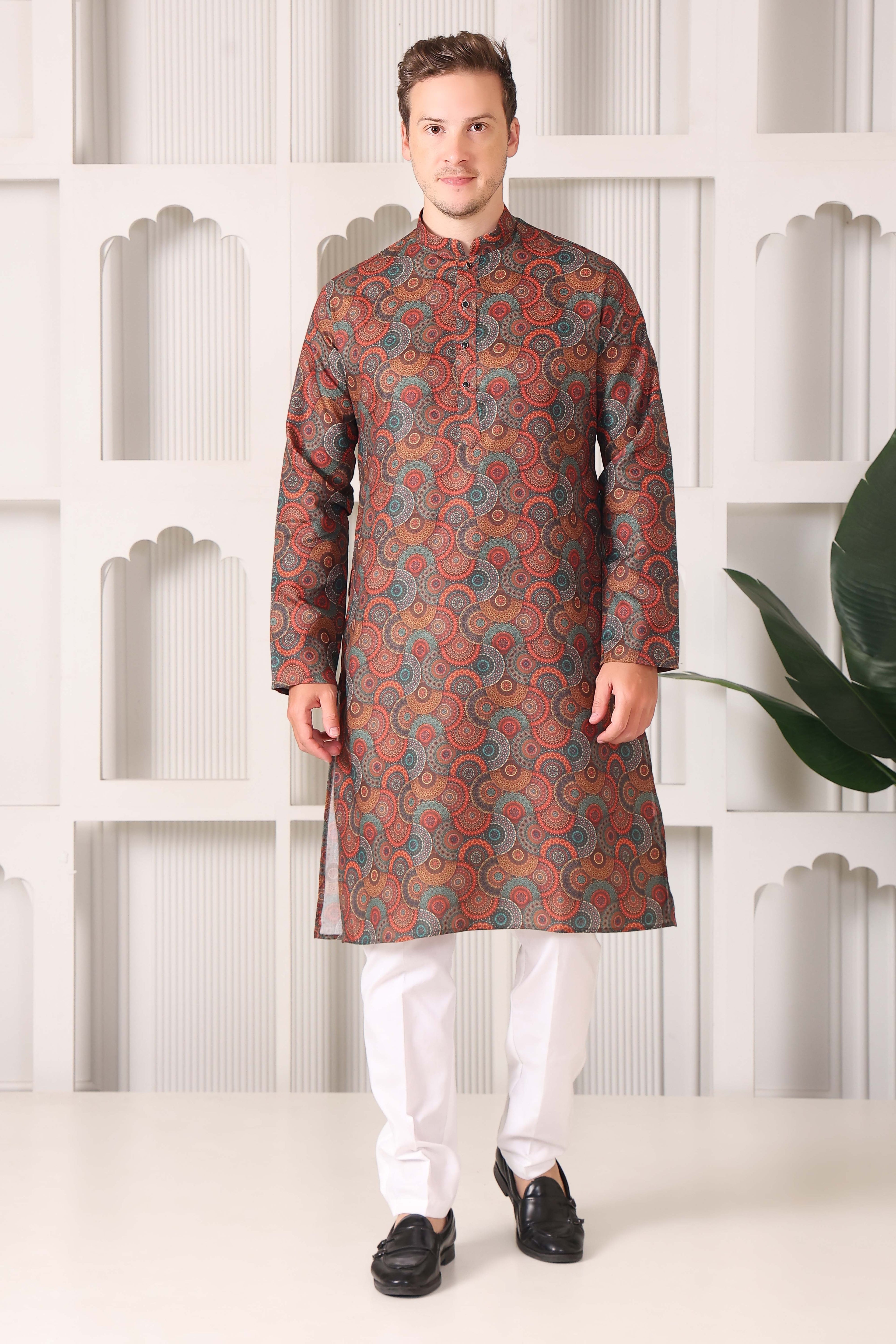 Men’s Ethnic Multicolor Mandala Art Print Kurta