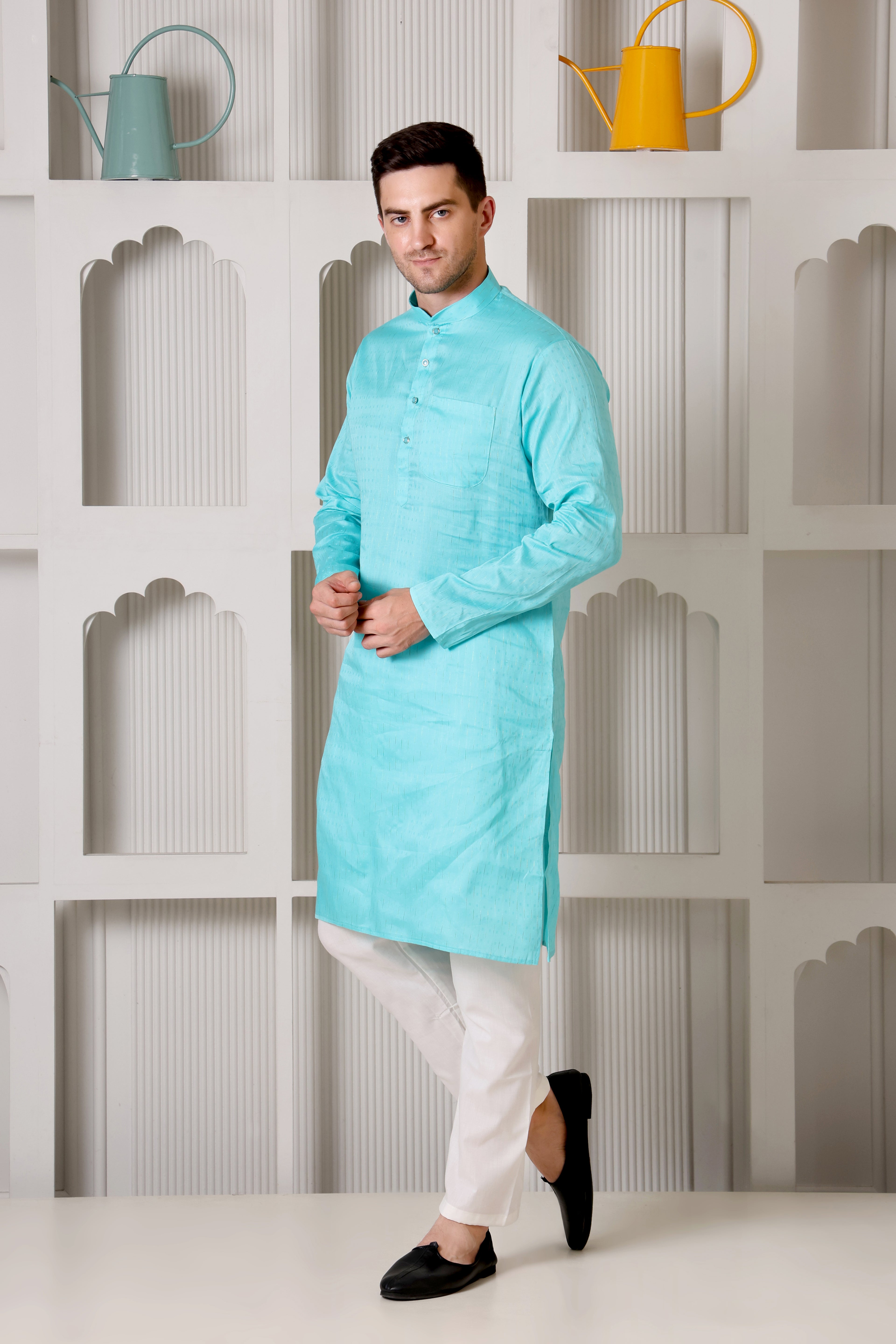 Aqua Blue Pure Cotton Kurta Set with Subtle Striped Weave