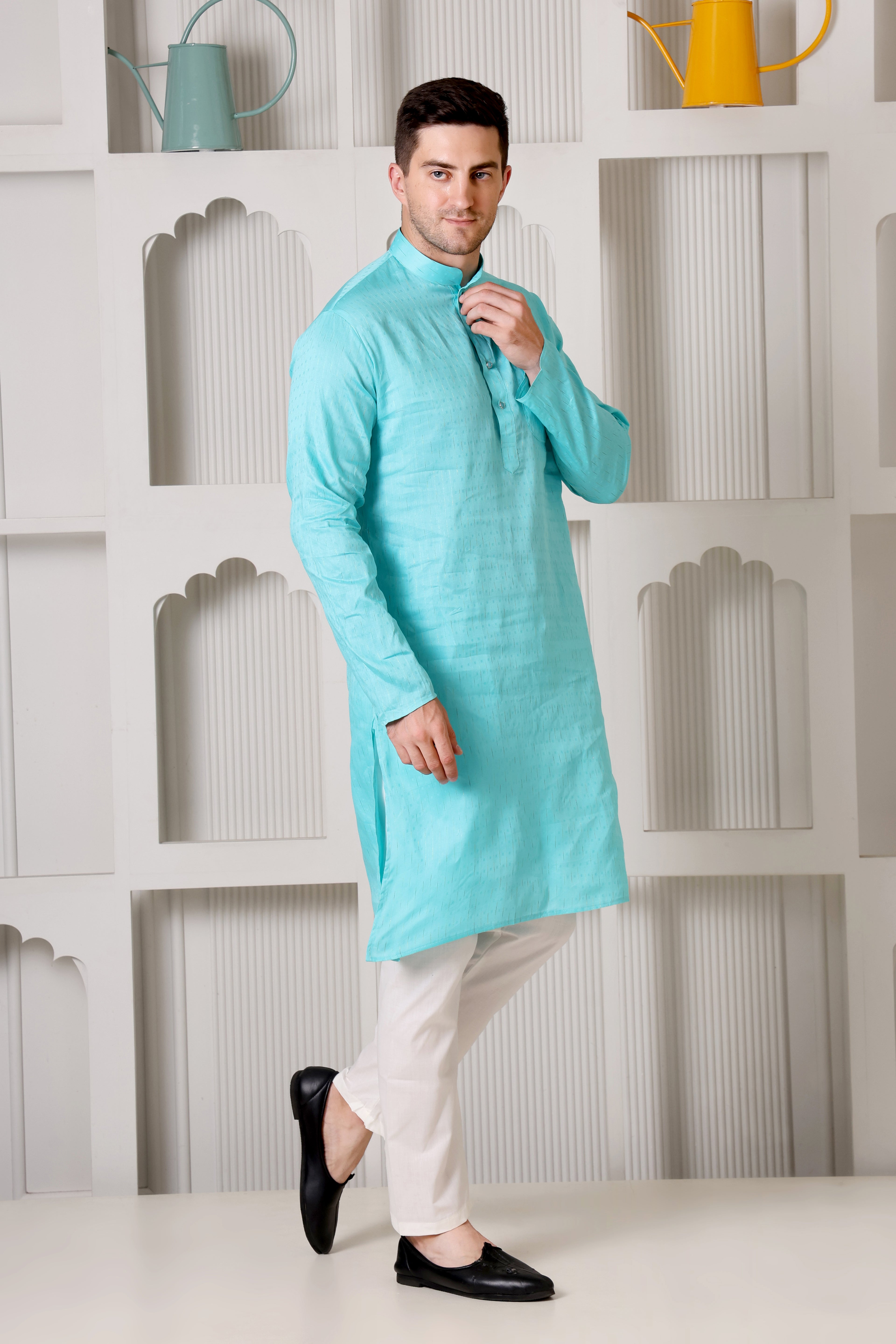 Aqua Blue Pure Cotton Kurta Set with Subtle Striped Weave