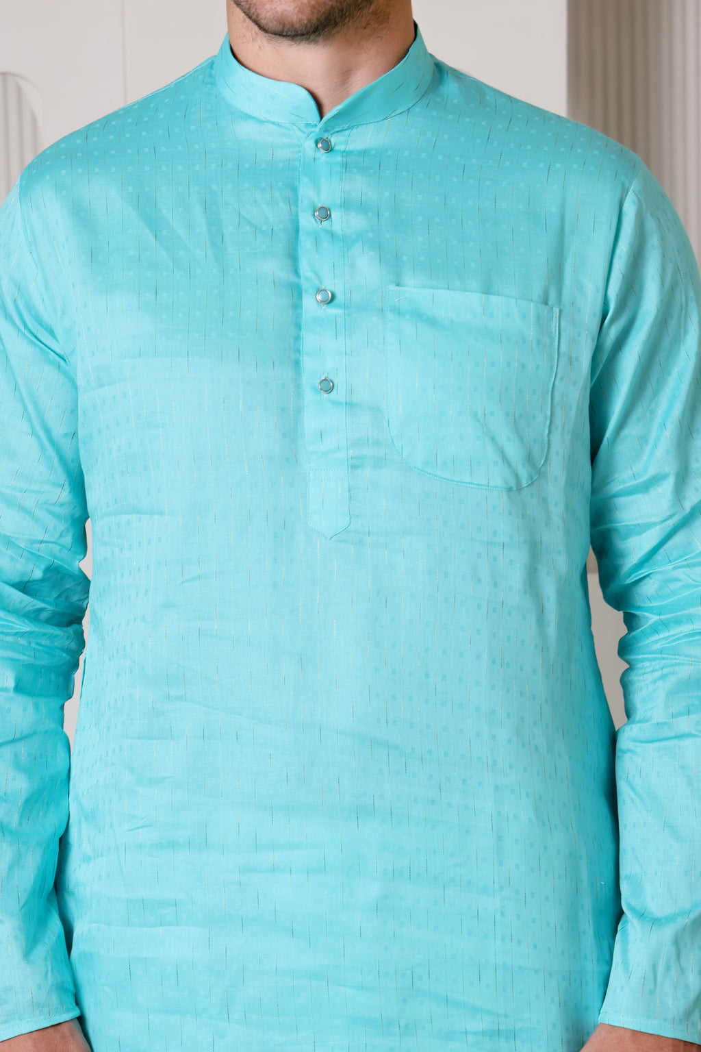 Aqua Blue Pure Cotton Kurta Set with Subtle Striped Weave