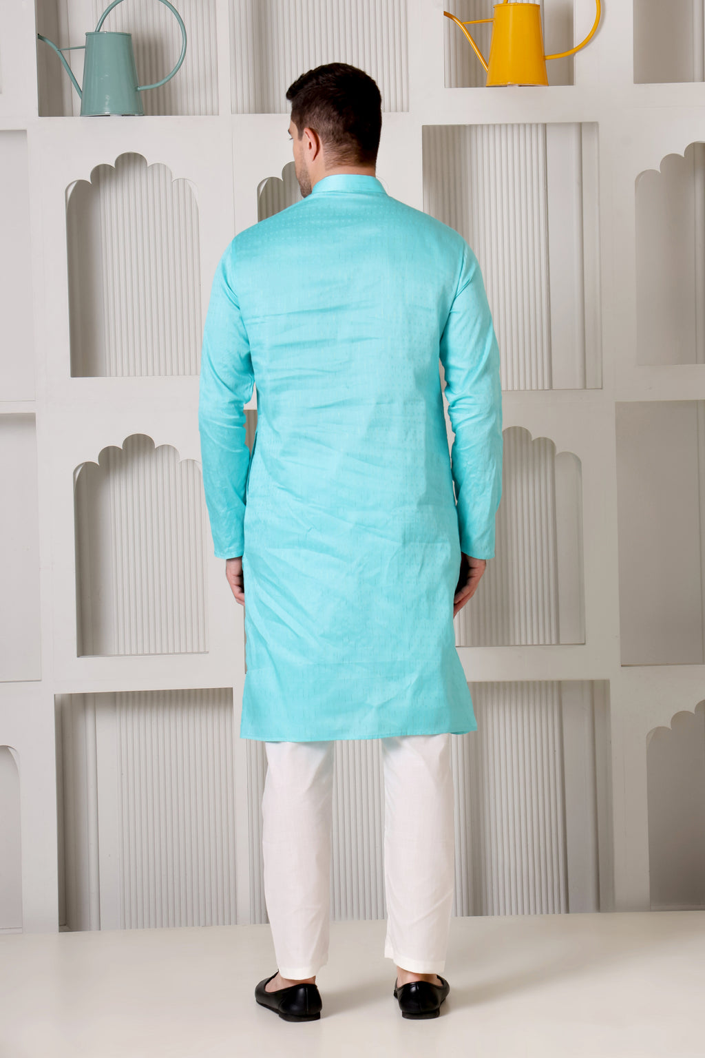 Aqua Blue Pure Cotton Kurta Set with Subtle Striped Weave