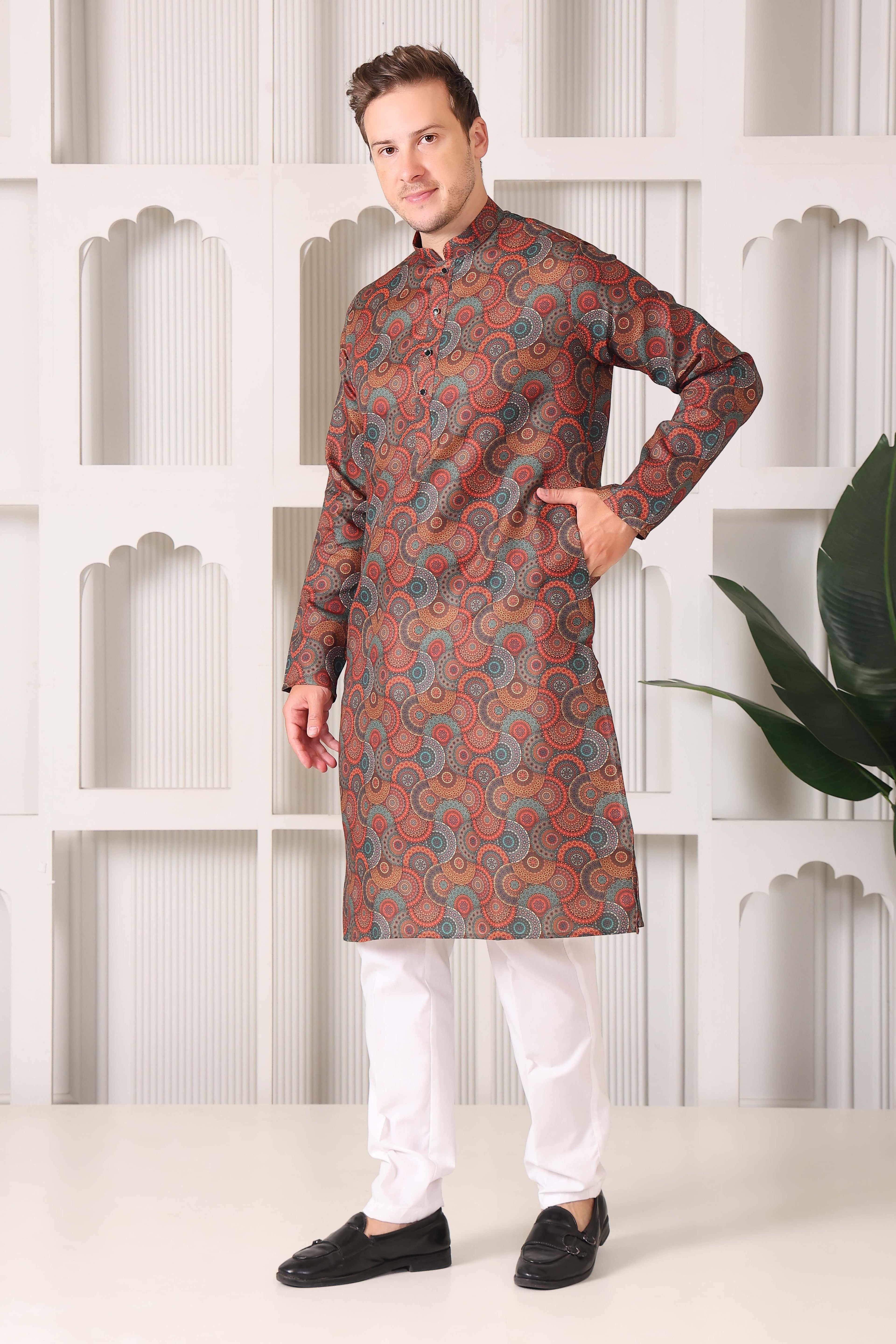 Men’s Ethnic Multicolor Mandala Art Print Kurta