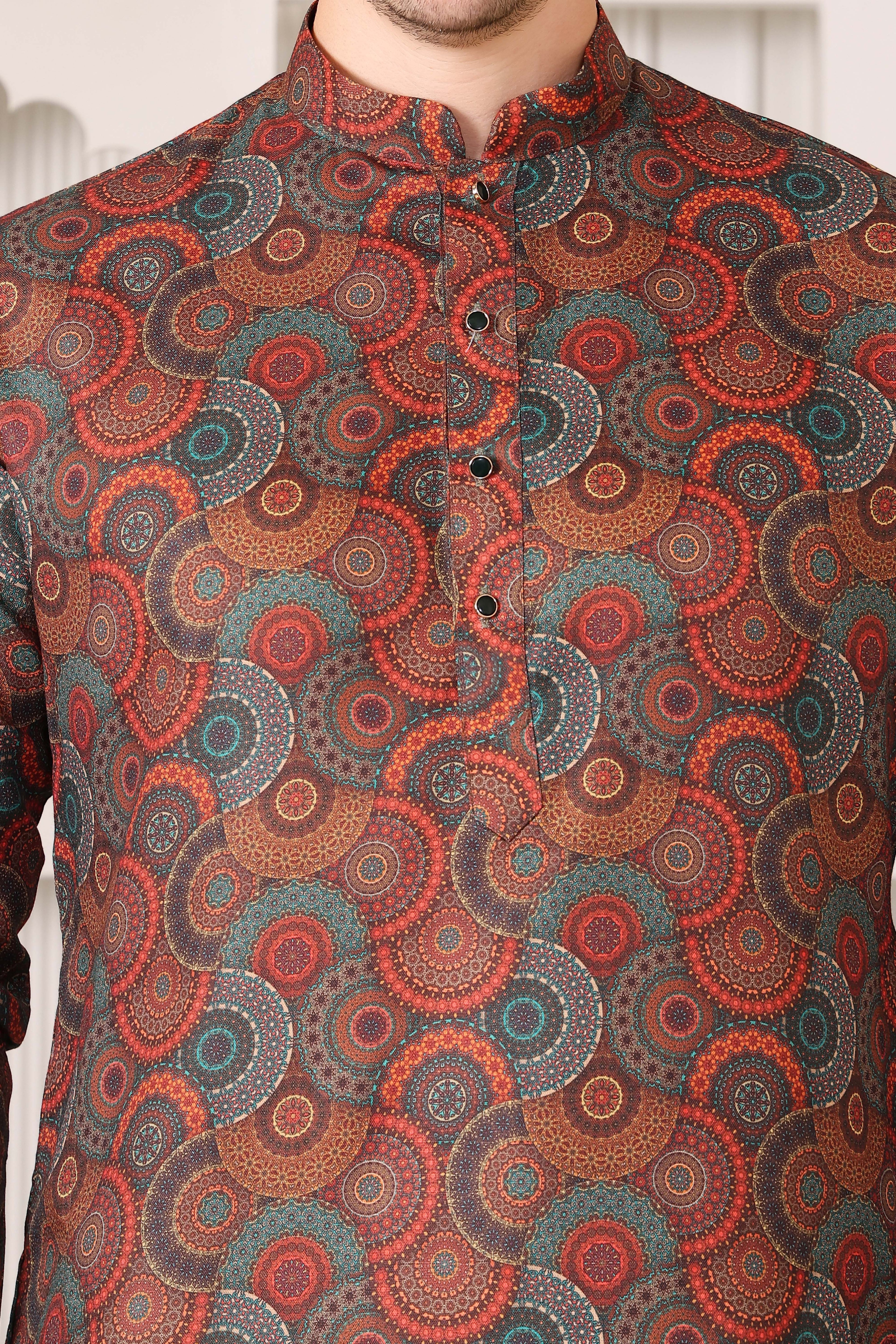 Men’s Ethnic Multicolor Mandala Art Print Kurta