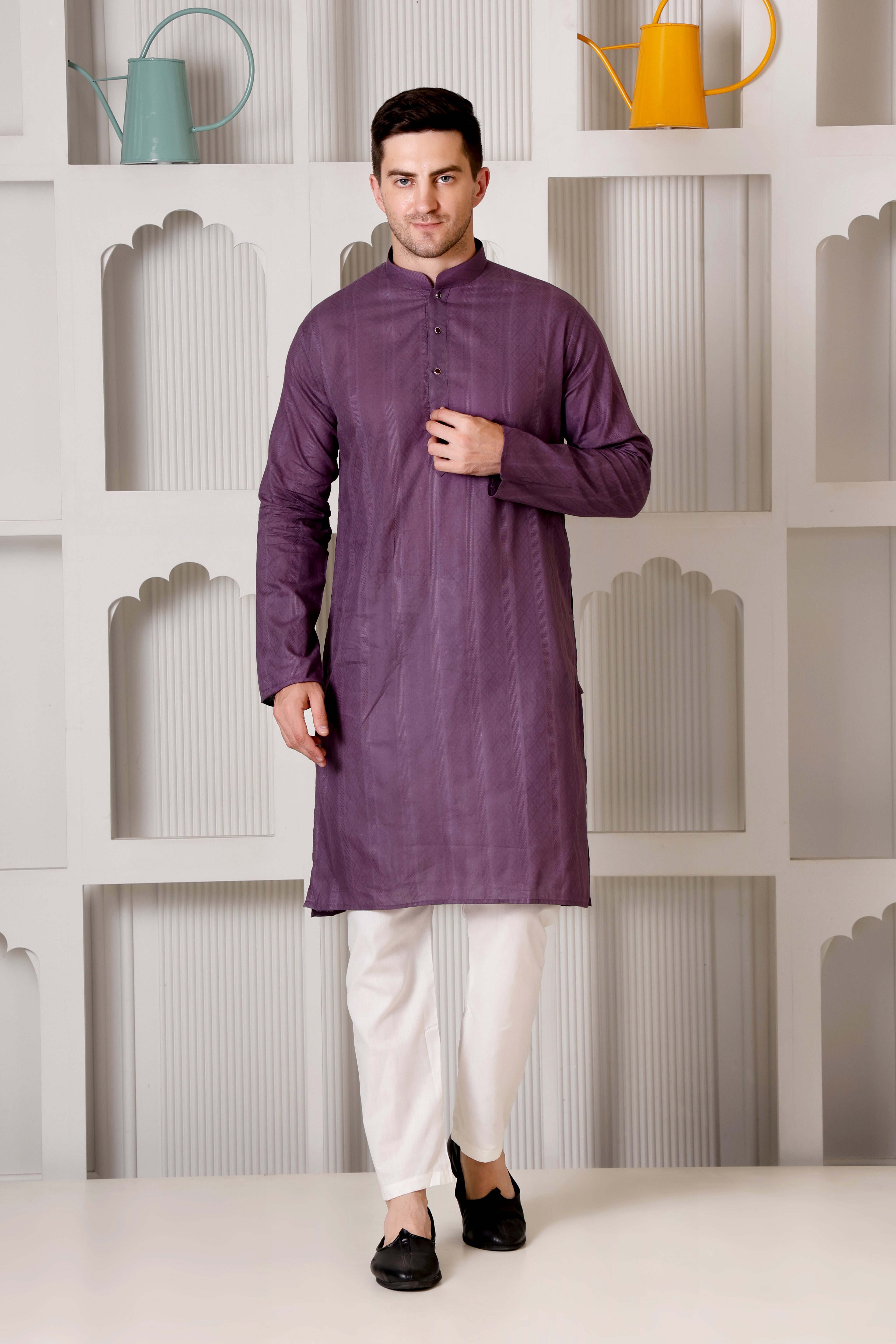 Royal Plum Self-Textured Cotton Kurta Set