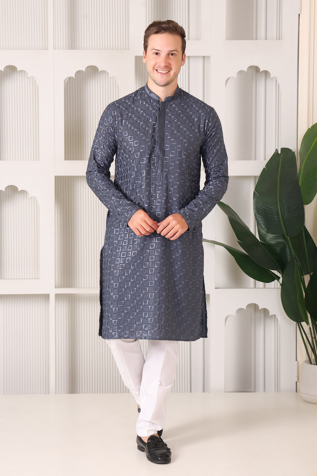 Men's Charcoal Grey Kurta with Thread & Sequin Work