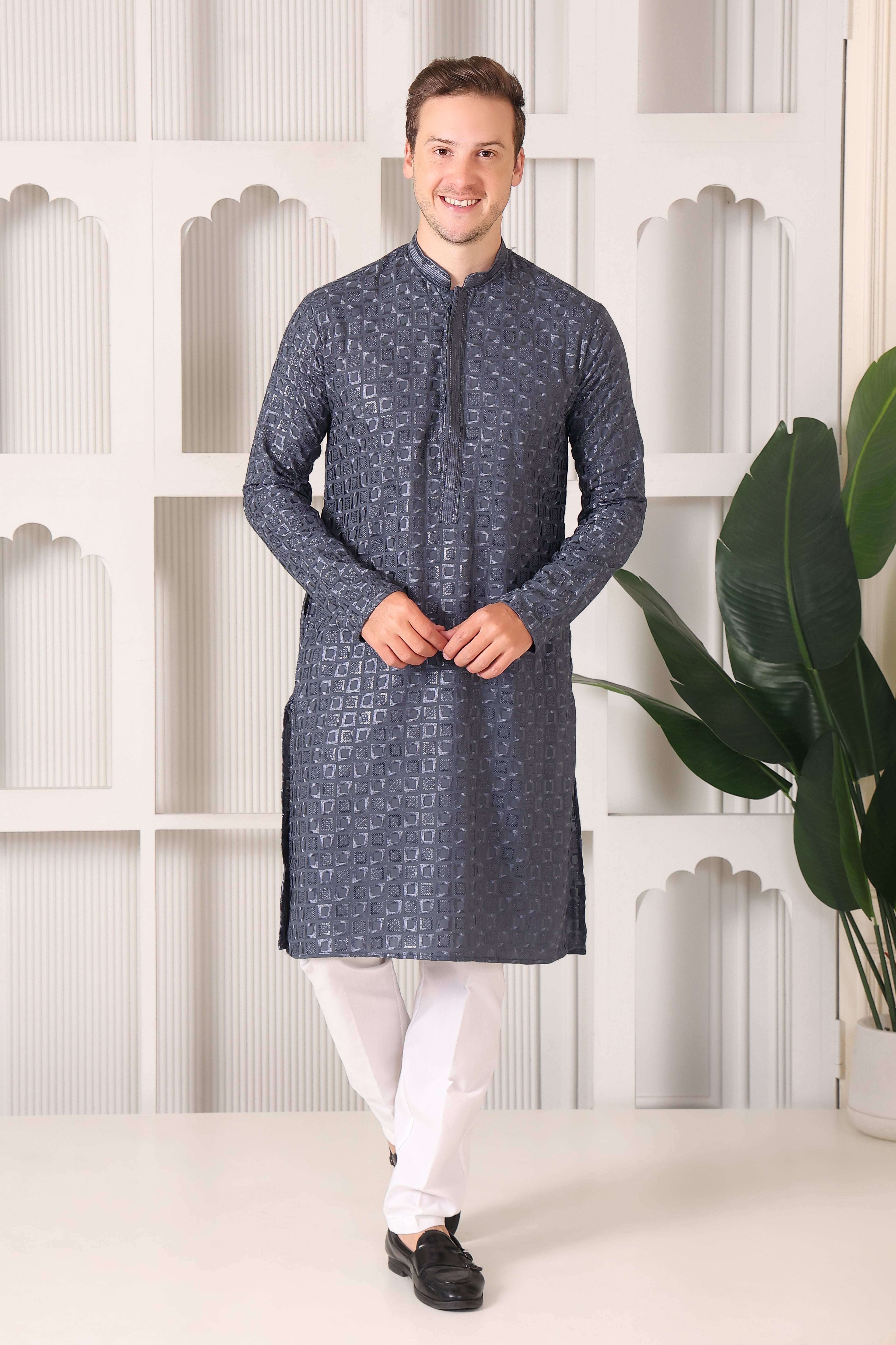 Men's Charcoal Grey Kurta with Thread & Sequin Work