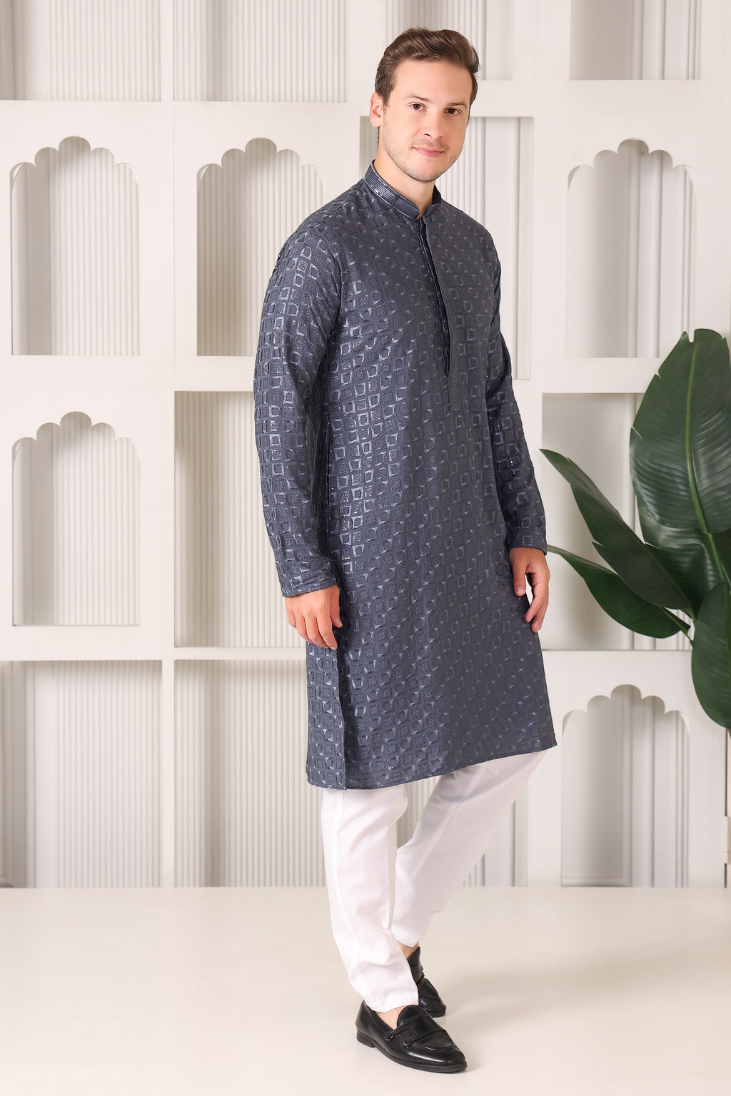 Men's Charcoal Grey Kurta with Thread & Sequin Work