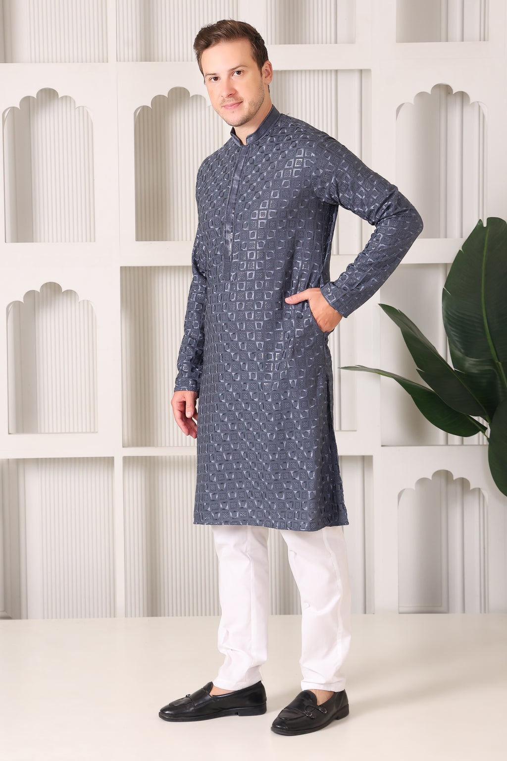 Men's Charcoal Grey Kurta with Thread & Sequin Work