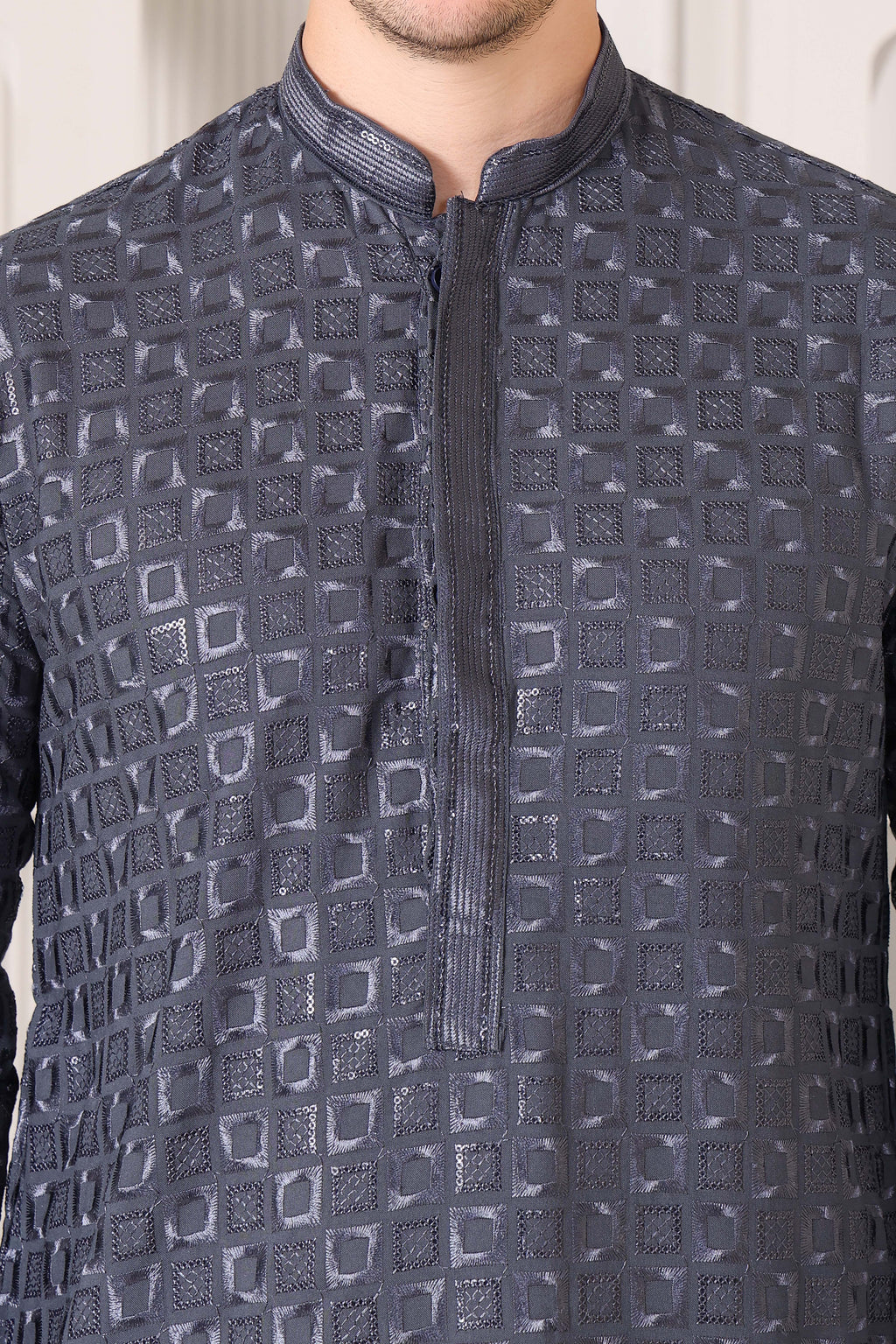 Men's Charcoal Grey Kurta with Thread & Sequin Work