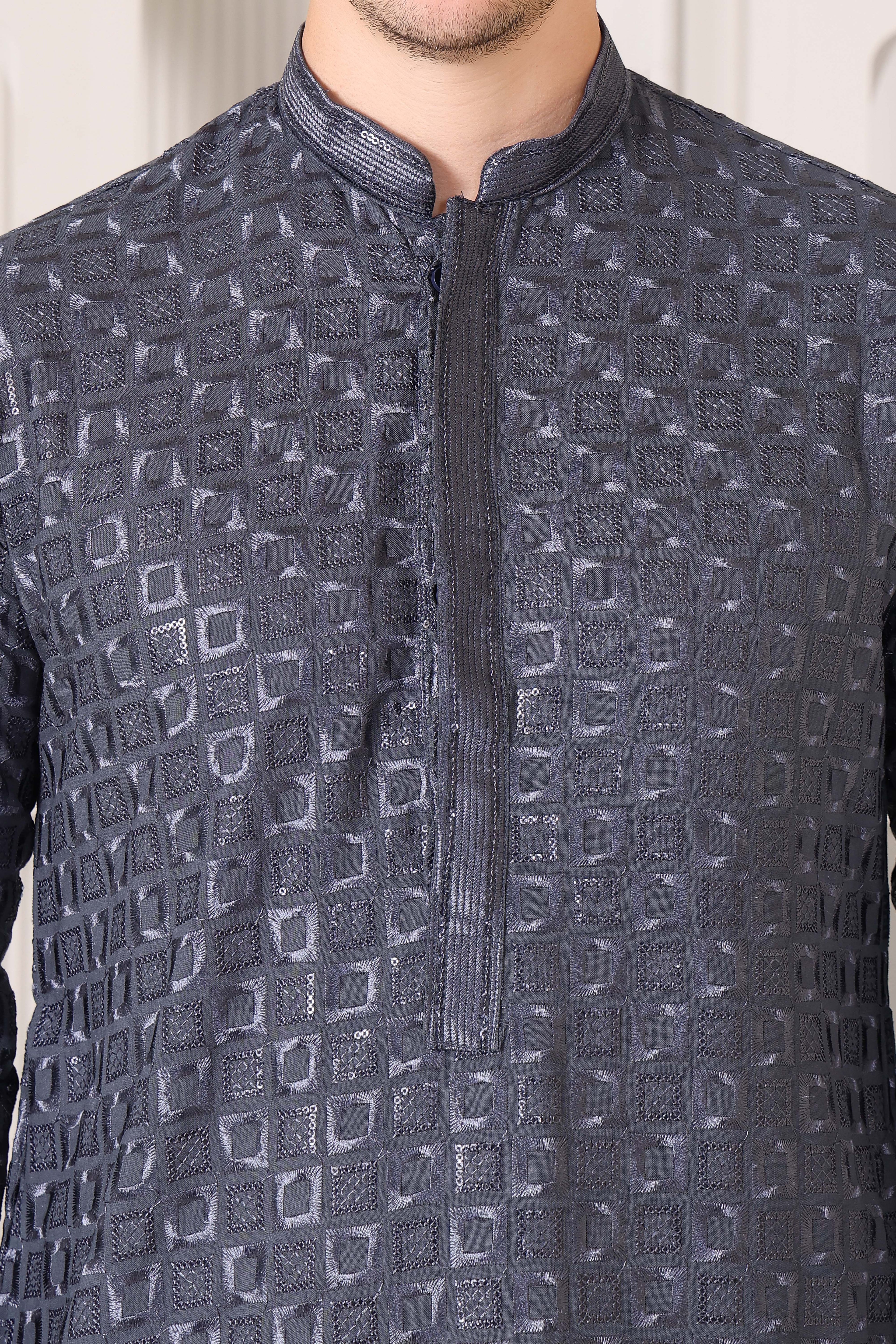 Men's Charcoal Grey Kurta with Thread & Sequin Work