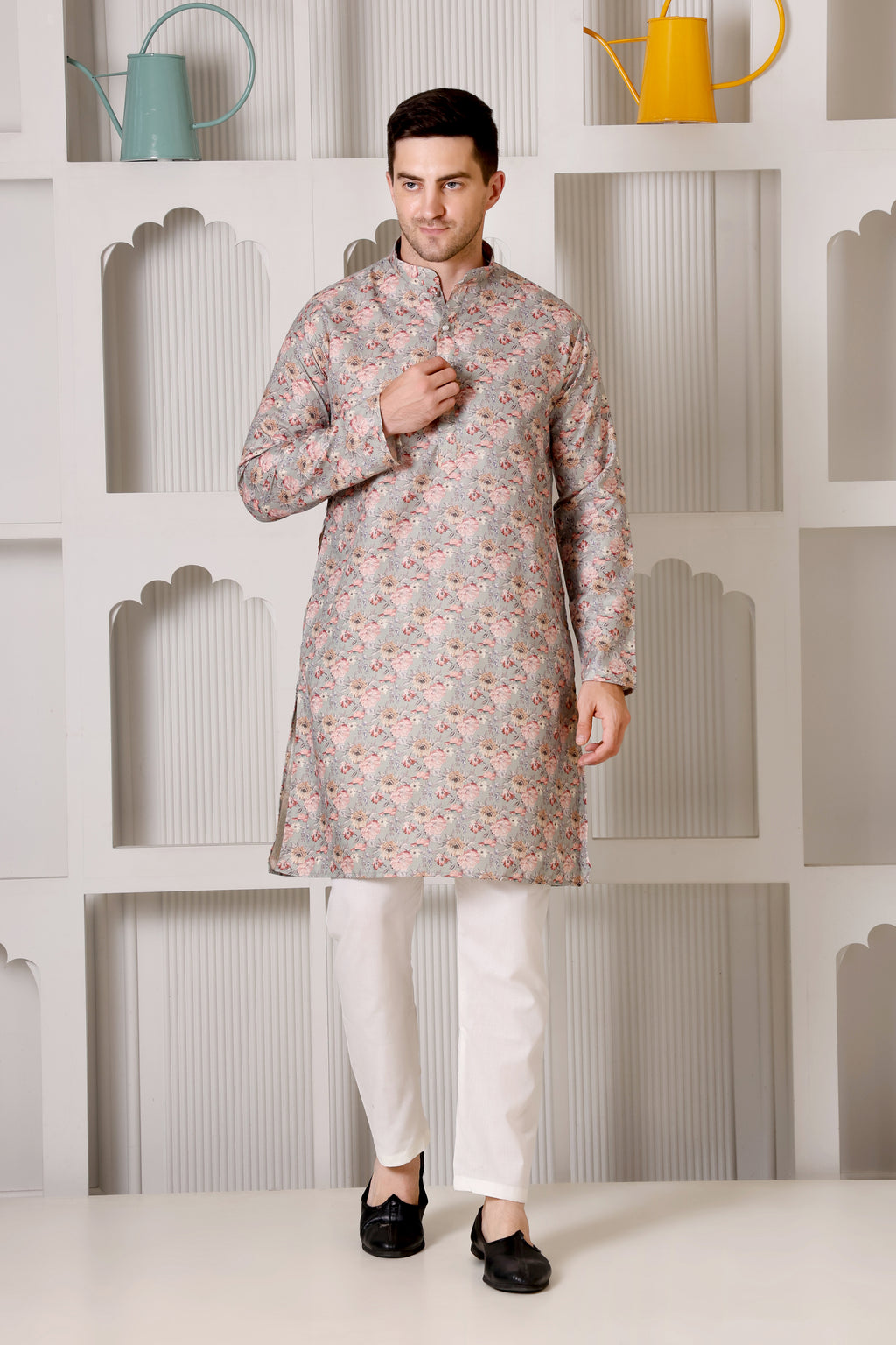 Pastel Grey Floral Printed Cotton Kurta Pajama Set