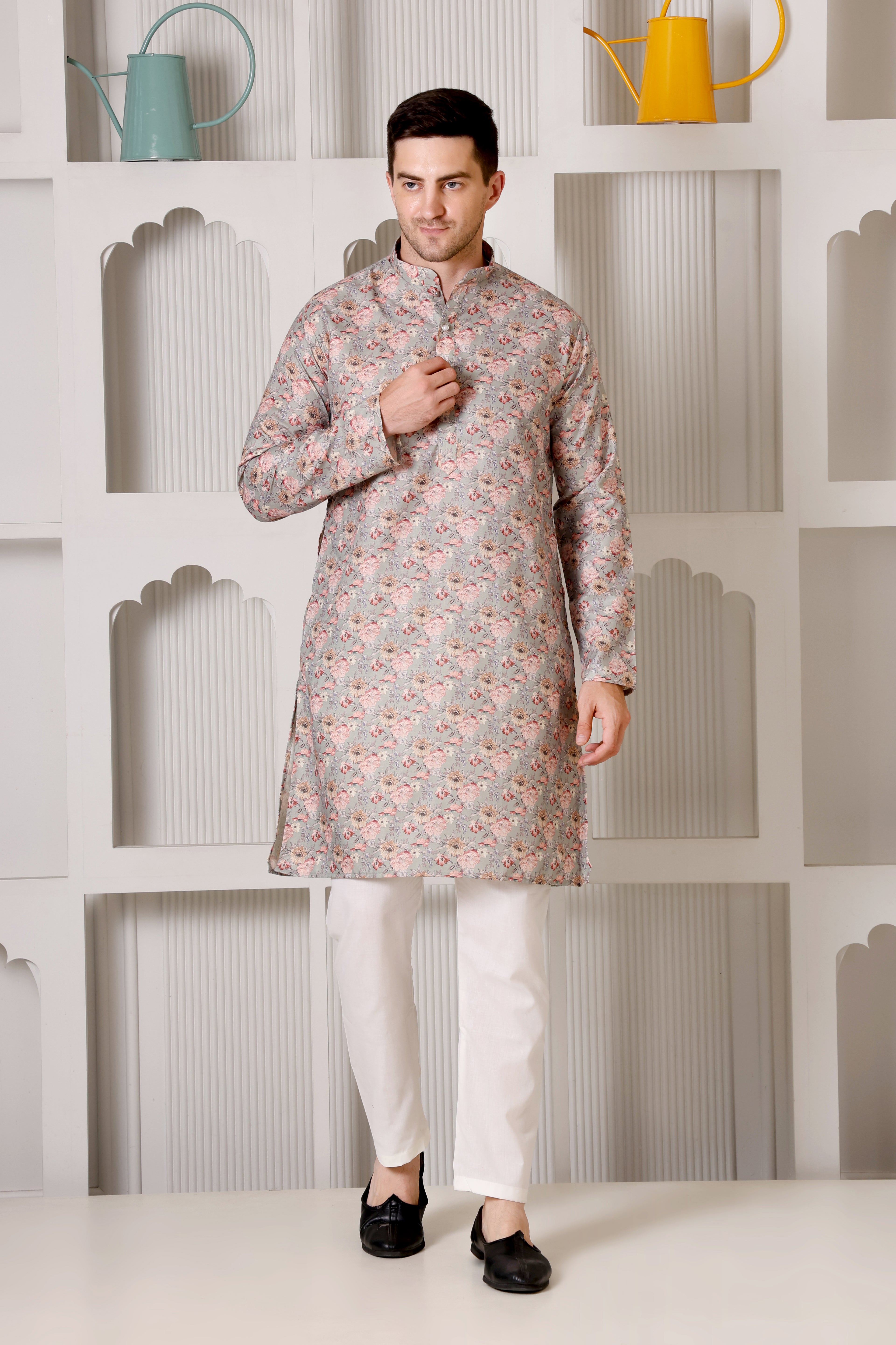 Pastel Grey Floral Printed Cotton Kurta Pajama Set