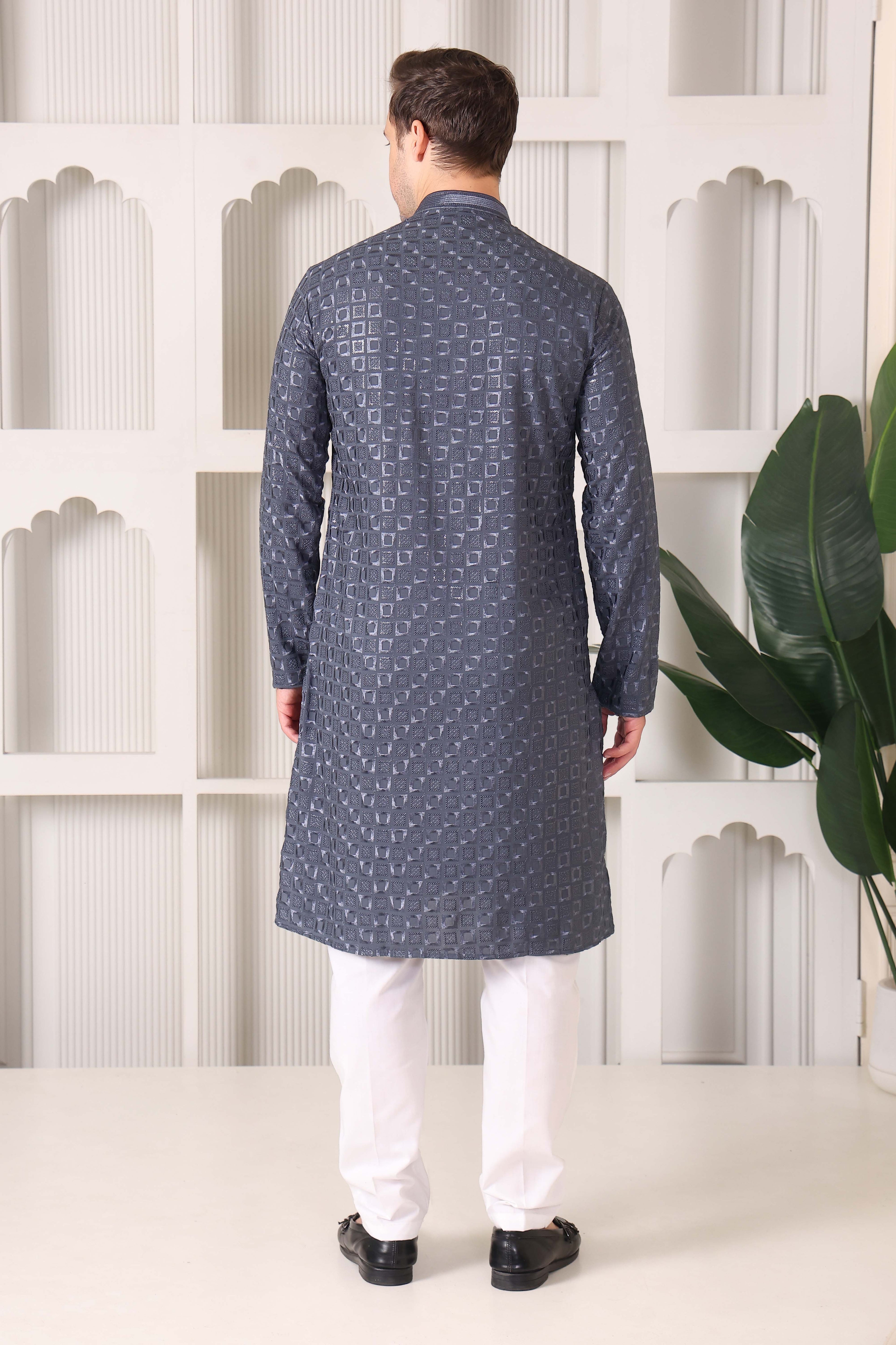 Men's Charcoal Grey Kurta with Thread & Sequin Work