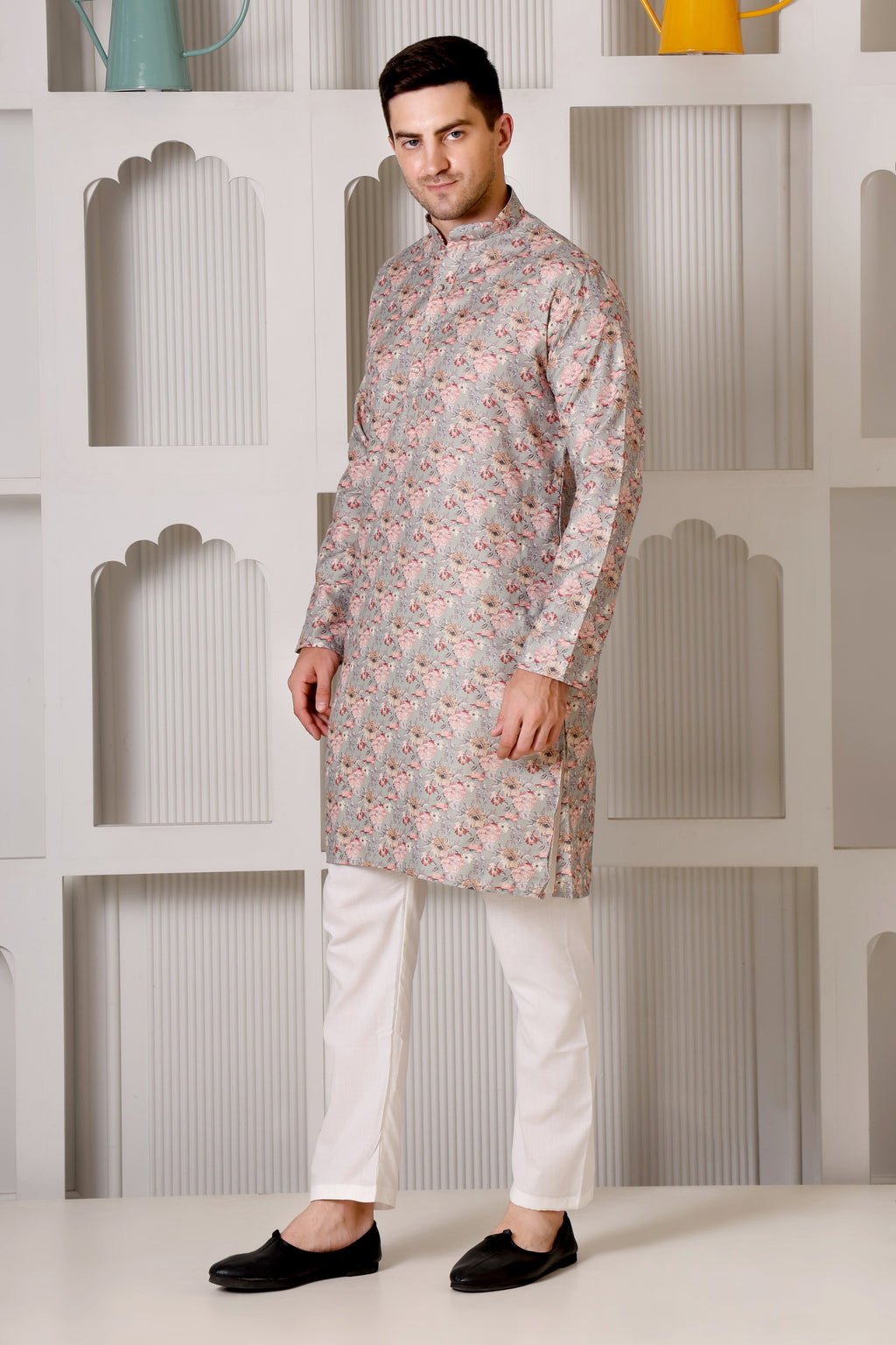 Pastel Grey Floral Printed Cotton Kurta Pajama Set