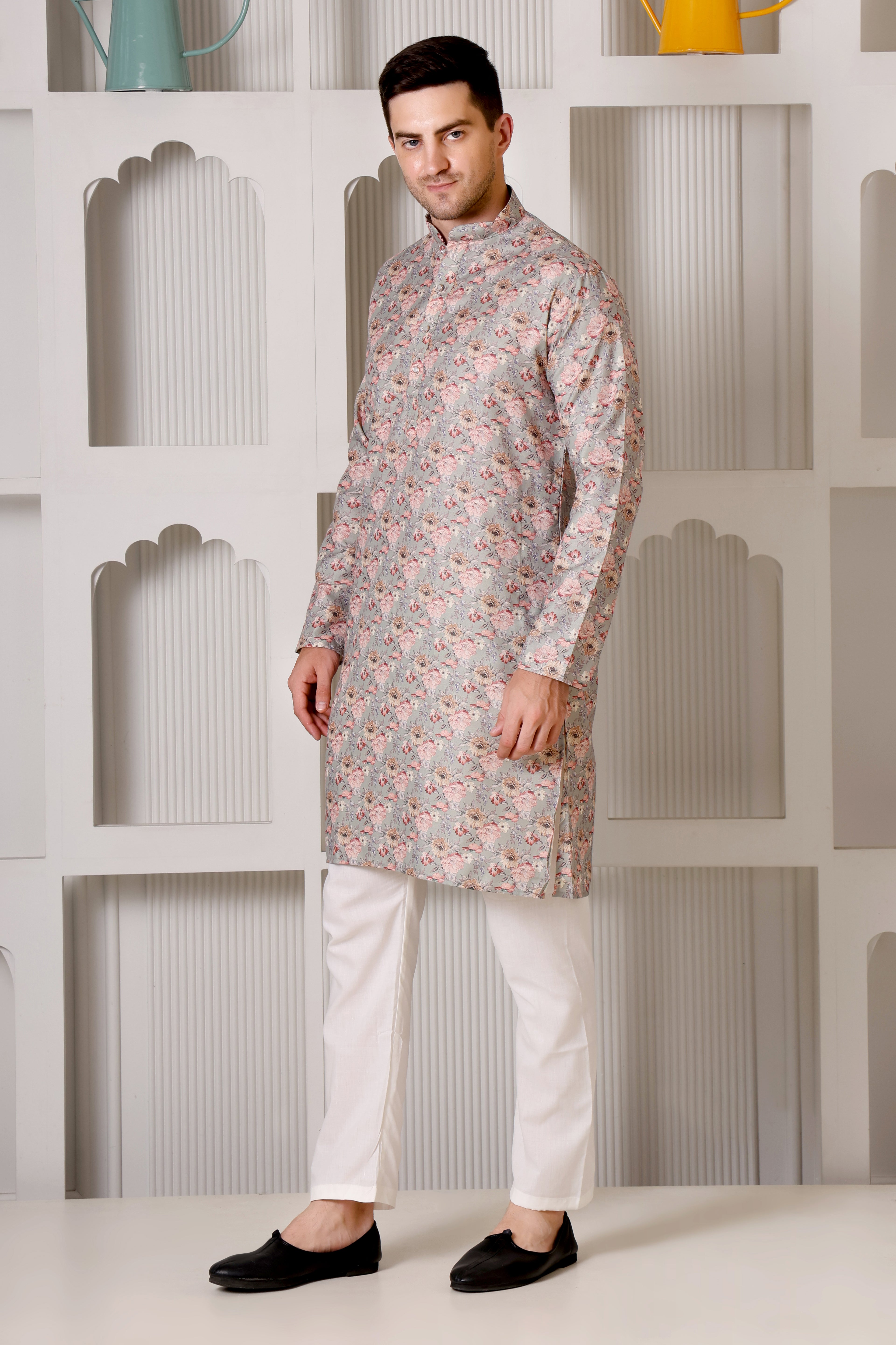Pastel Grey Floral Printed Cotton Kurta Pajama Set