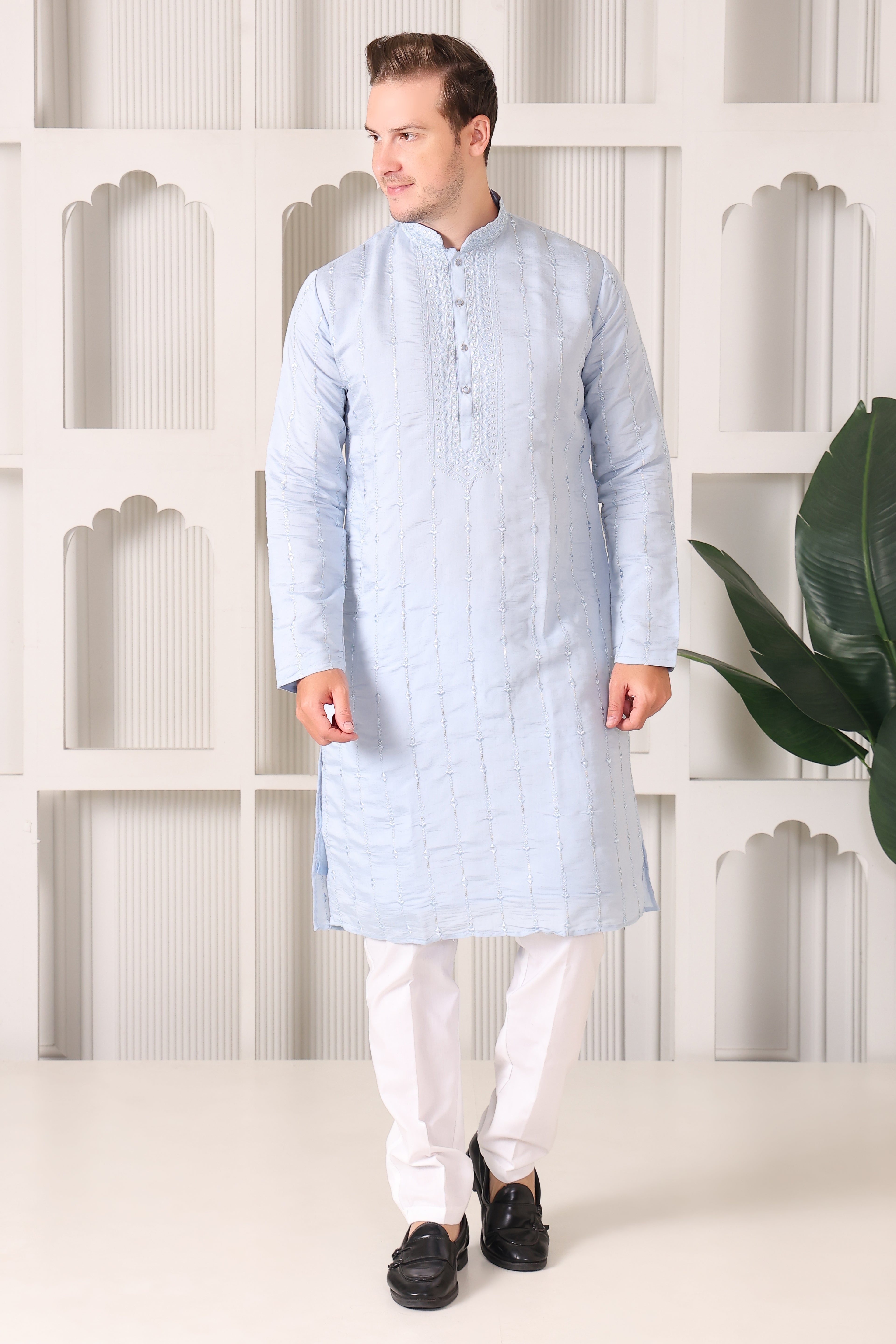 Soft Sky Blue Embroidered Kurta with Mirror & Thread Work – White Pajama Set