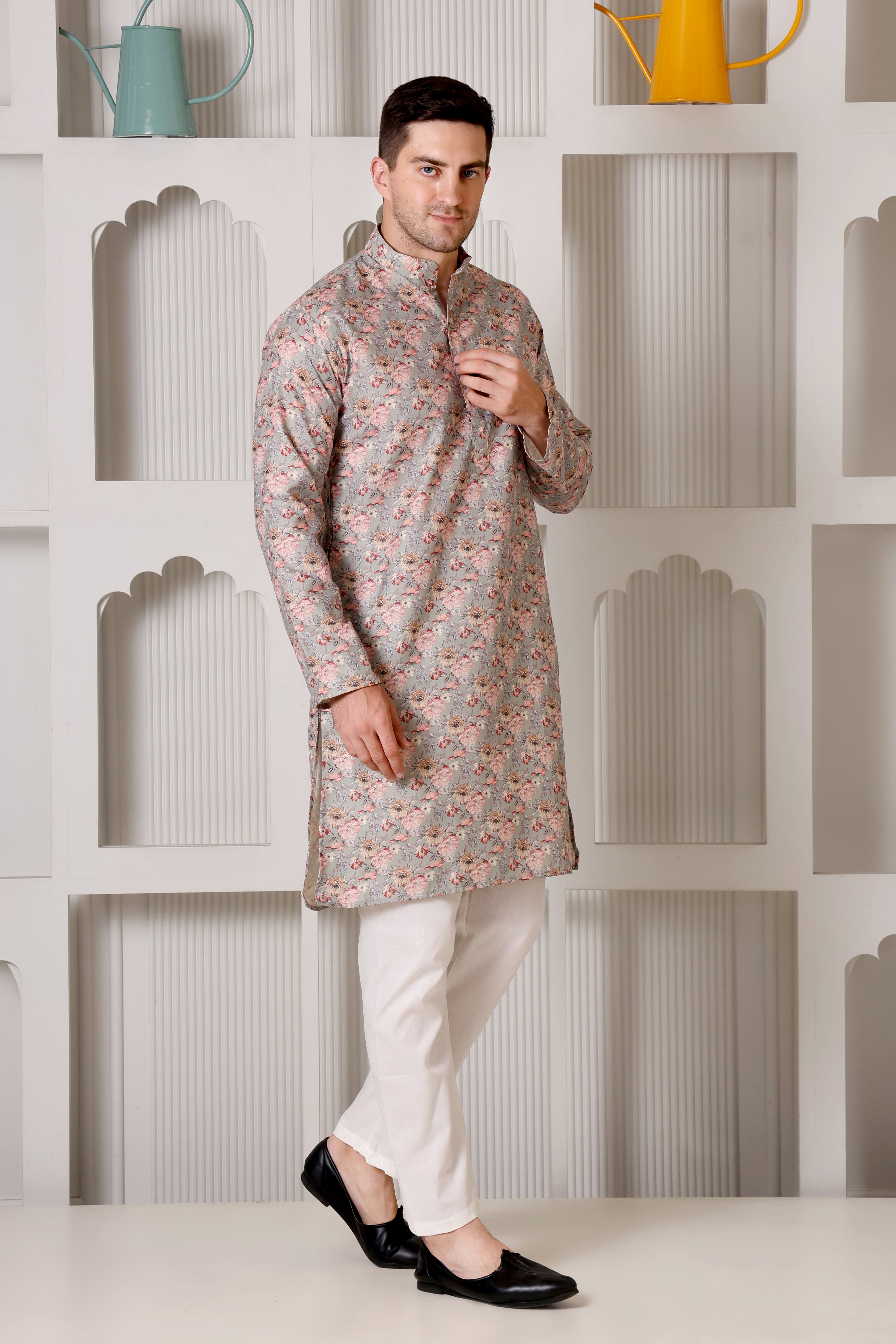 Pastel Grey Floral Printed Cotton Kurta Pajama Set
