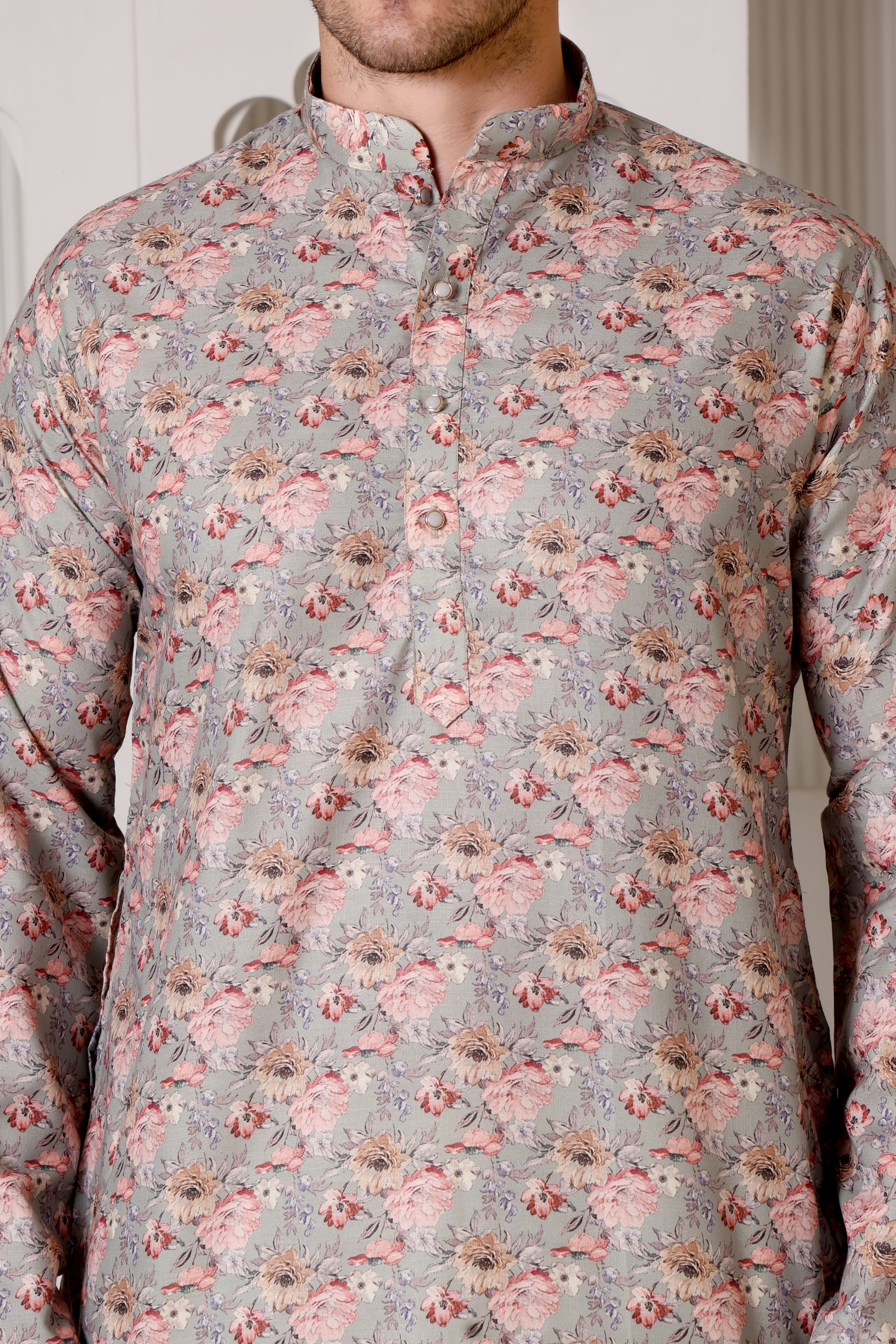 Pastel Grey Floral Printed Cotton Kurta Pajama Set