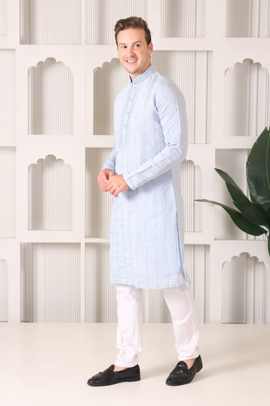 Soft Sky Blue Embroidered Kurta with Mirror & Thread Work – White Pajama Set
