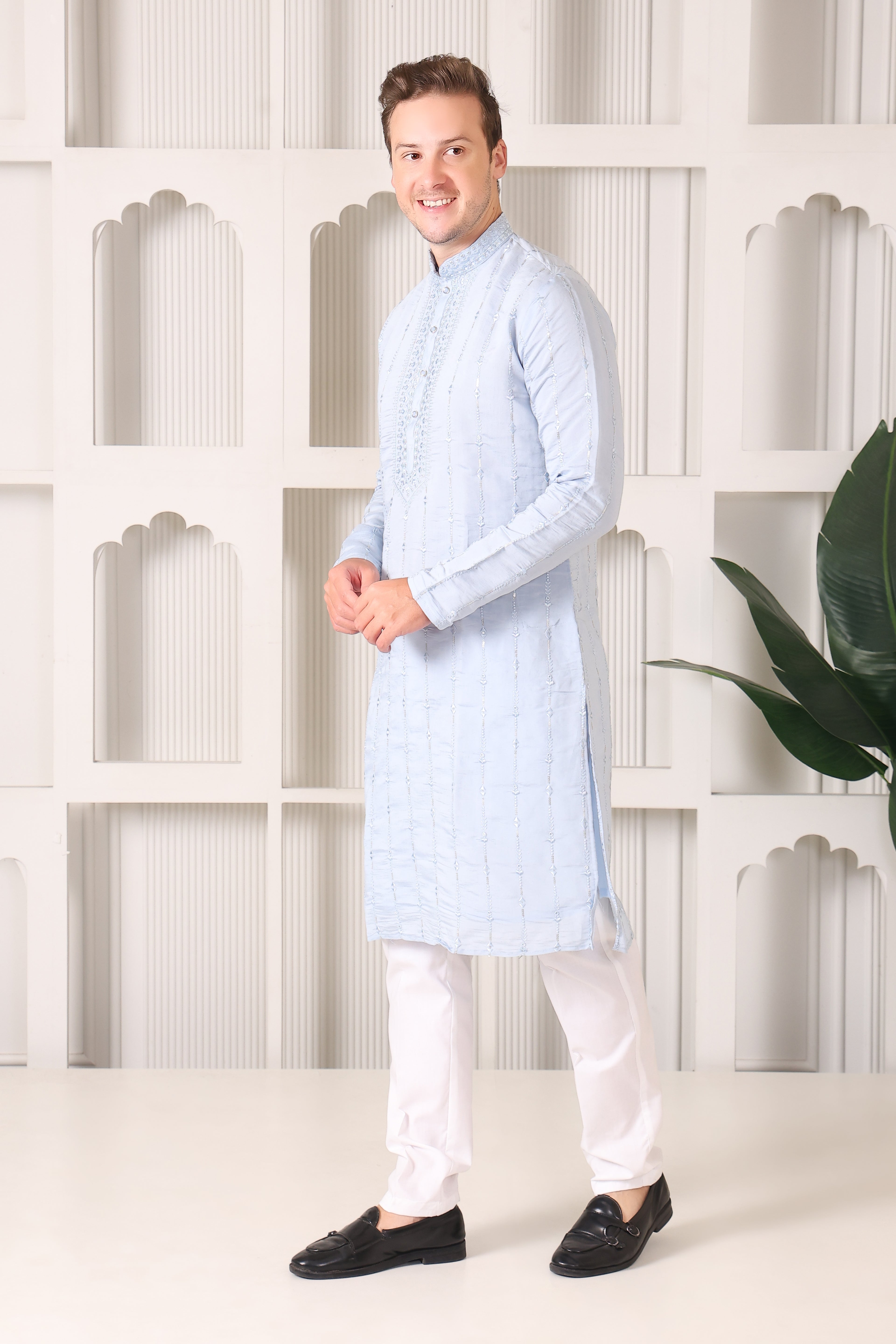 Soft Sky Blue Embroidered Kurta with Mirror & Thread Work – White Pajama Set