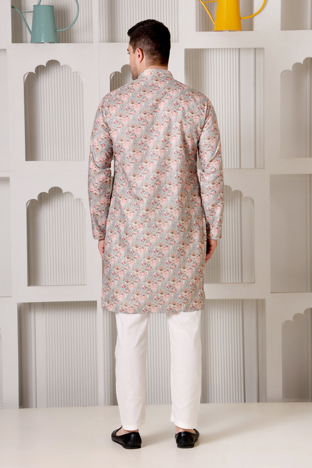Pastel Grey Floral Printed Cotton Kurta Pajama Set