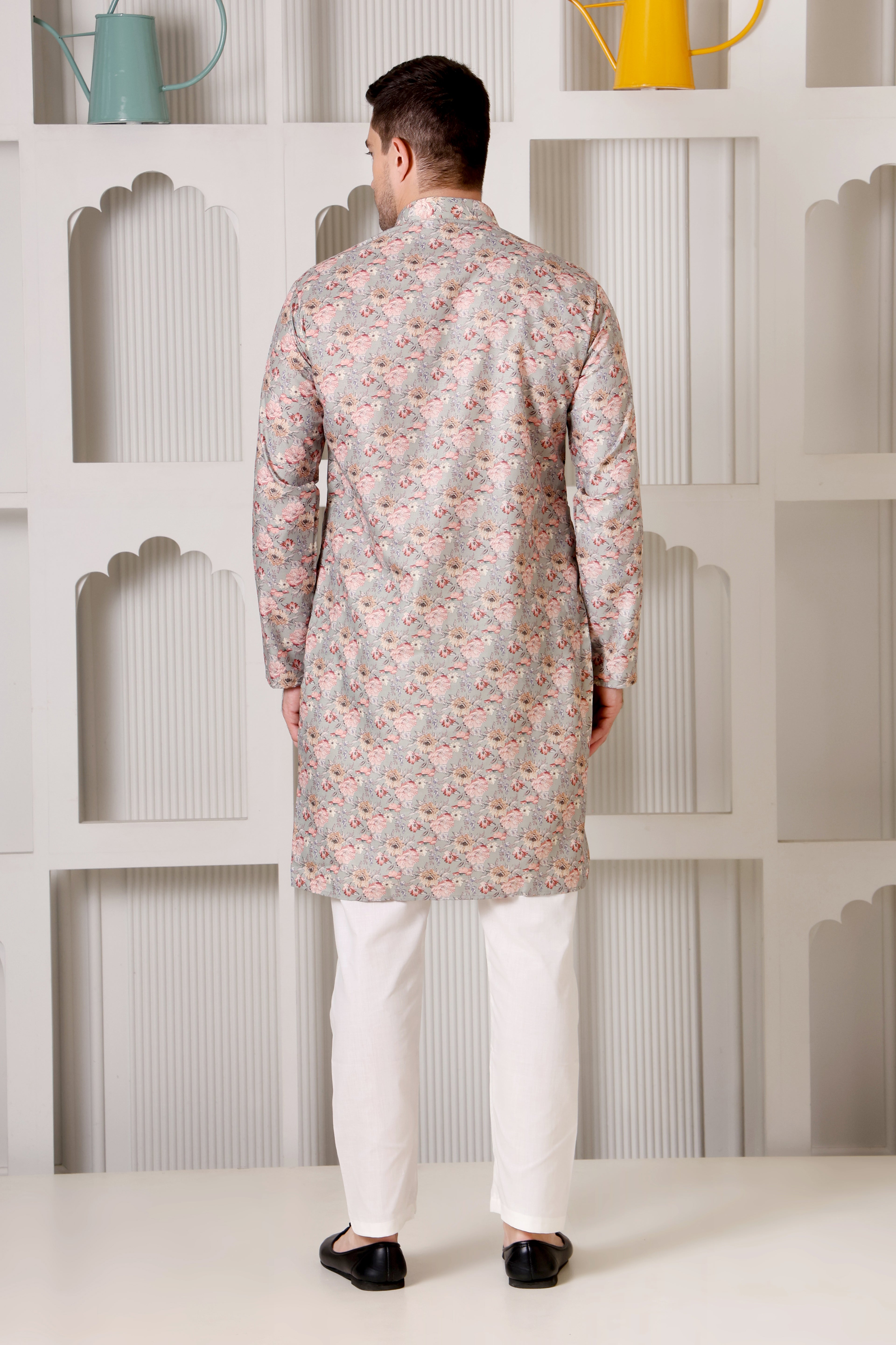 Pastel Grey Floral Printed Cotton Kurta Pajama Set