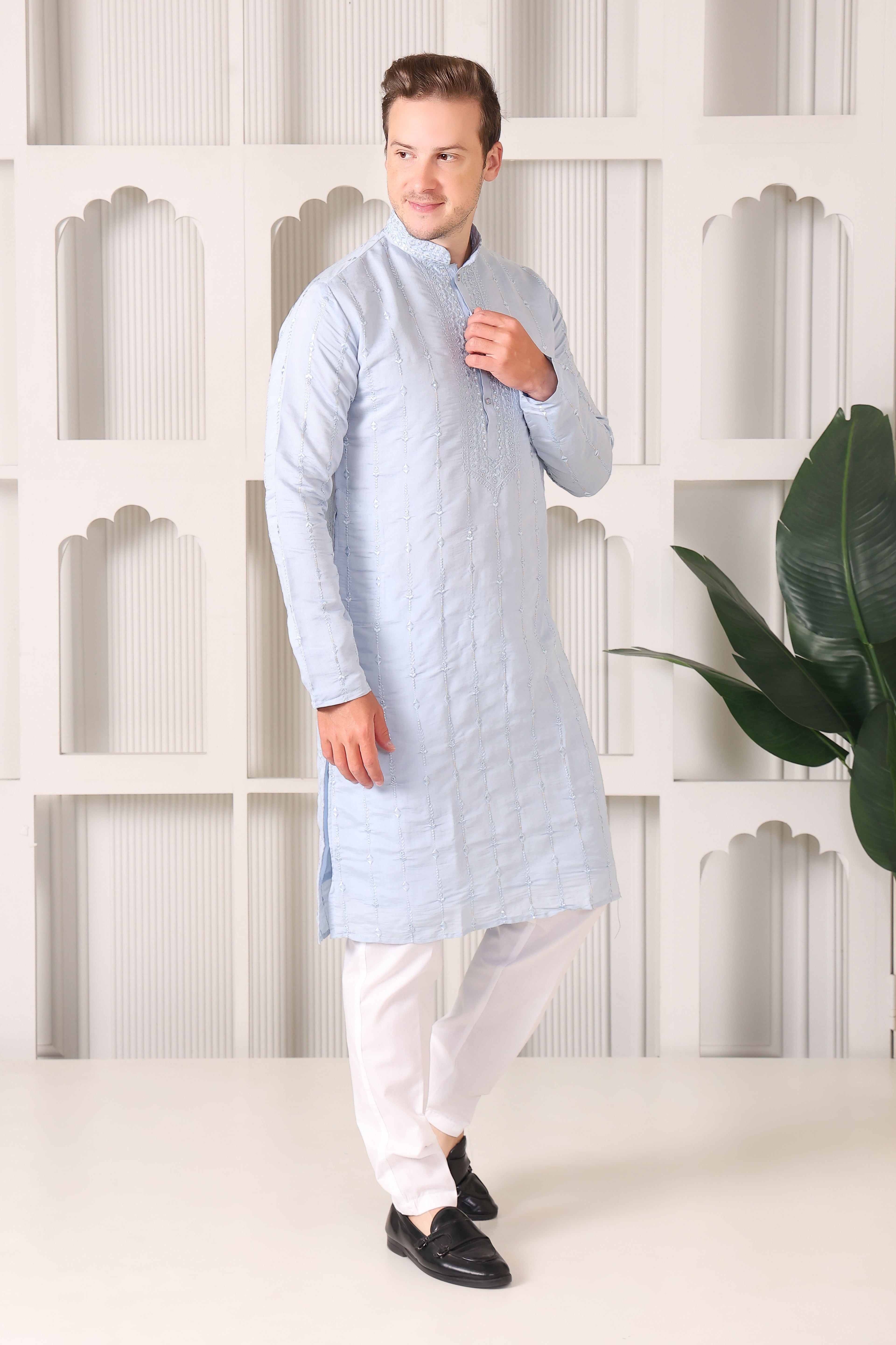 Soft Sky Blue Embroidered Kurta with Mirror & Thread Work – White Pajama Set