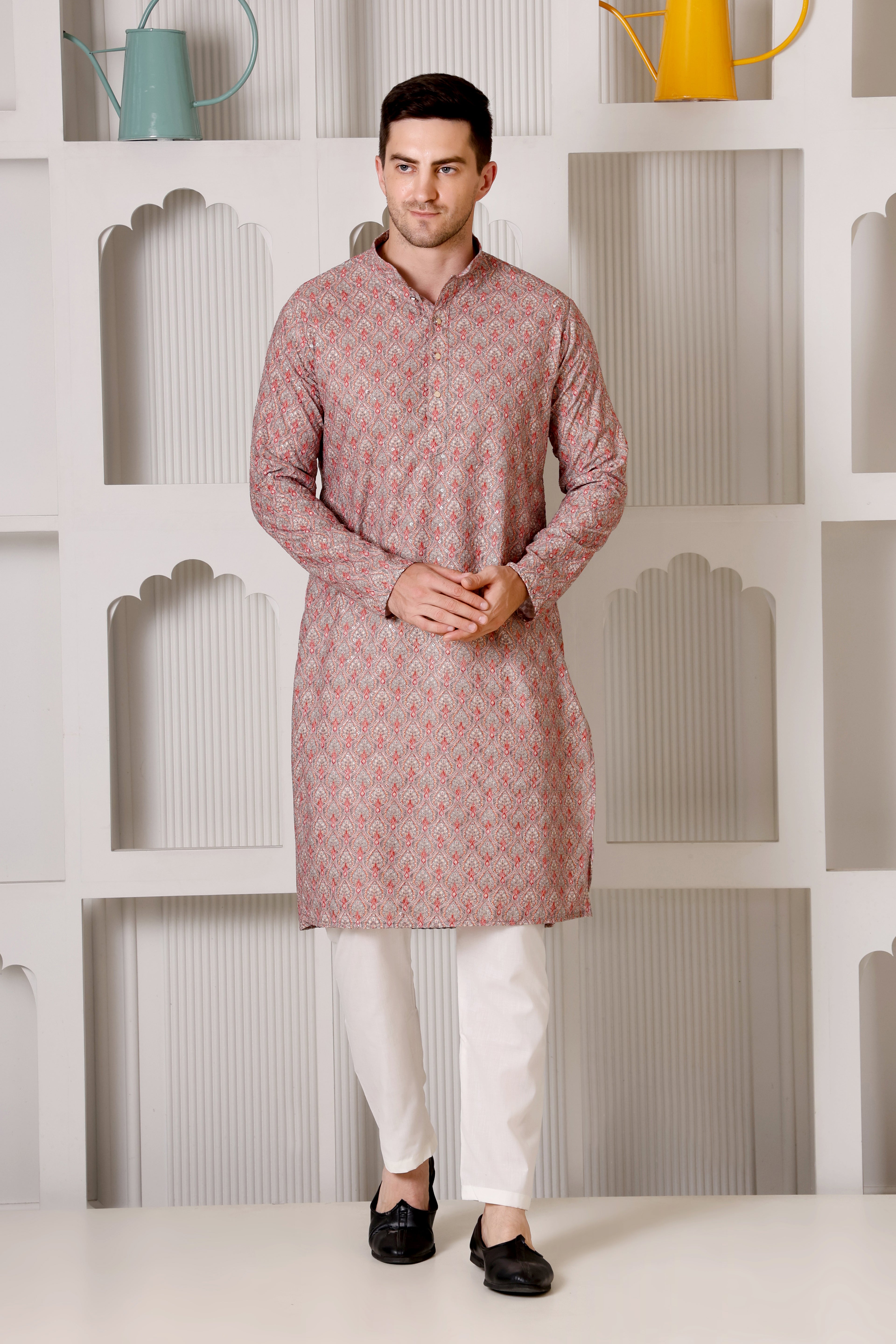 Elegant Red & Grey Printed Cotton Kurta Set for Men