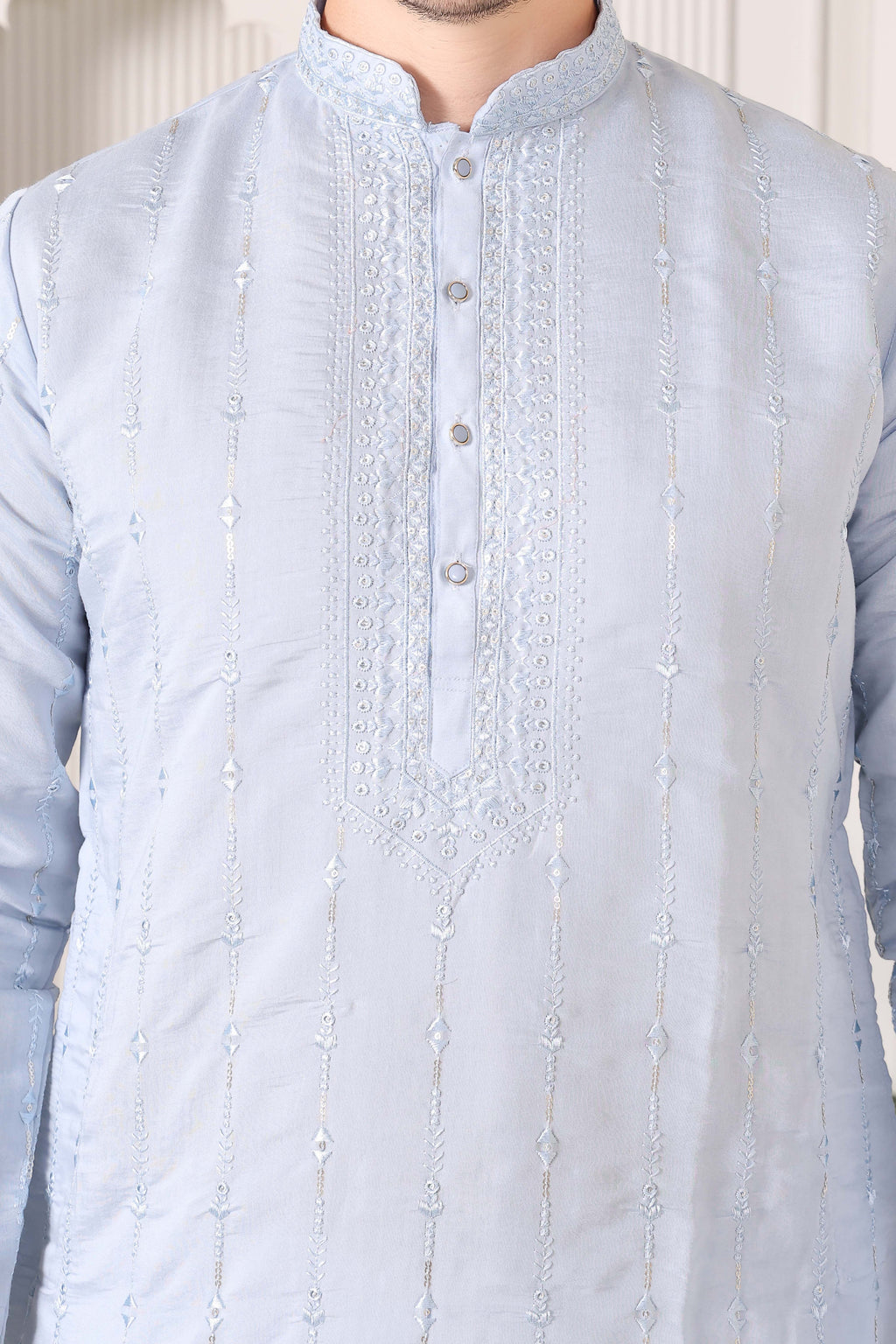 Soft Sky Blue Embroidered Kurta with Mirror & Thread Work – White Pajama Set