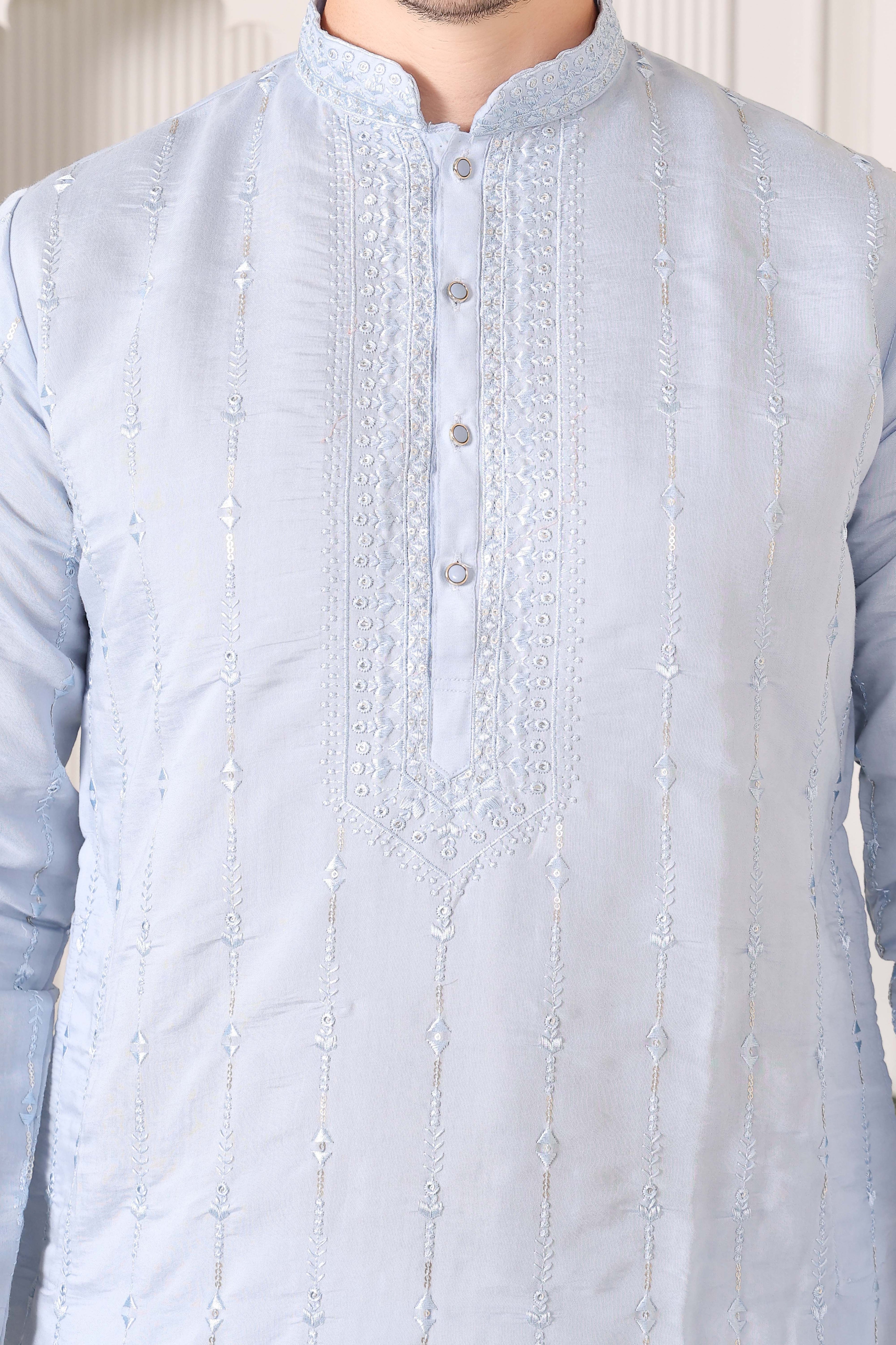 Soft Sky Blue Embroidered Kurta with Mirror & Thread Work – White Pajama Set