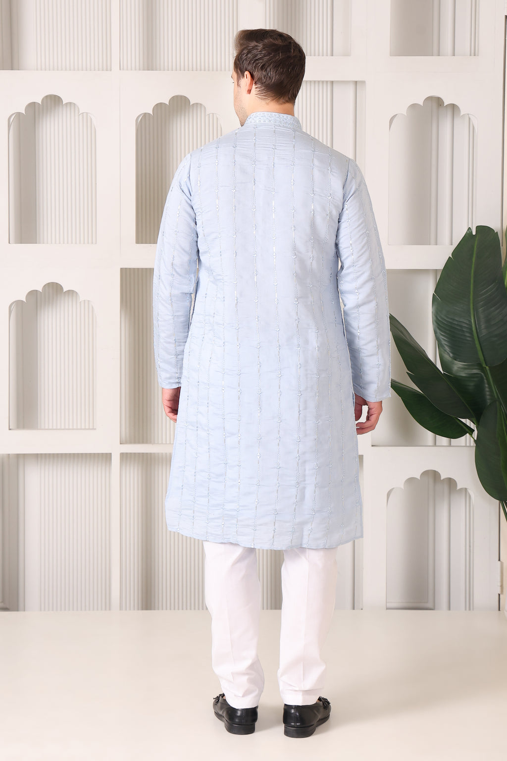 Soft Sky Blue Embroidered Kurta with Mirror & Thread Work – White Pajama Set