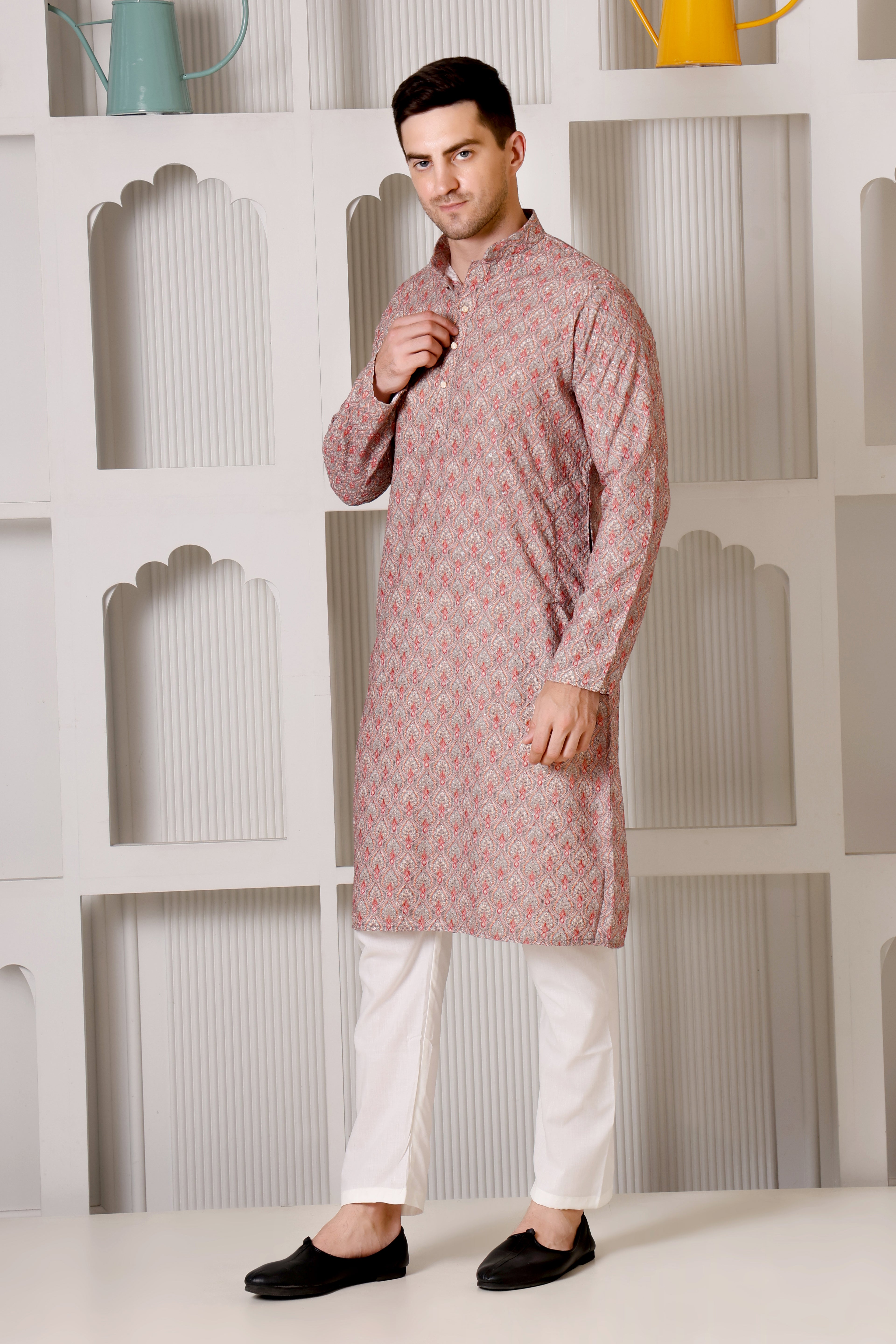 Elegant Red & Grey Printed Cotton Kurta Set for Men