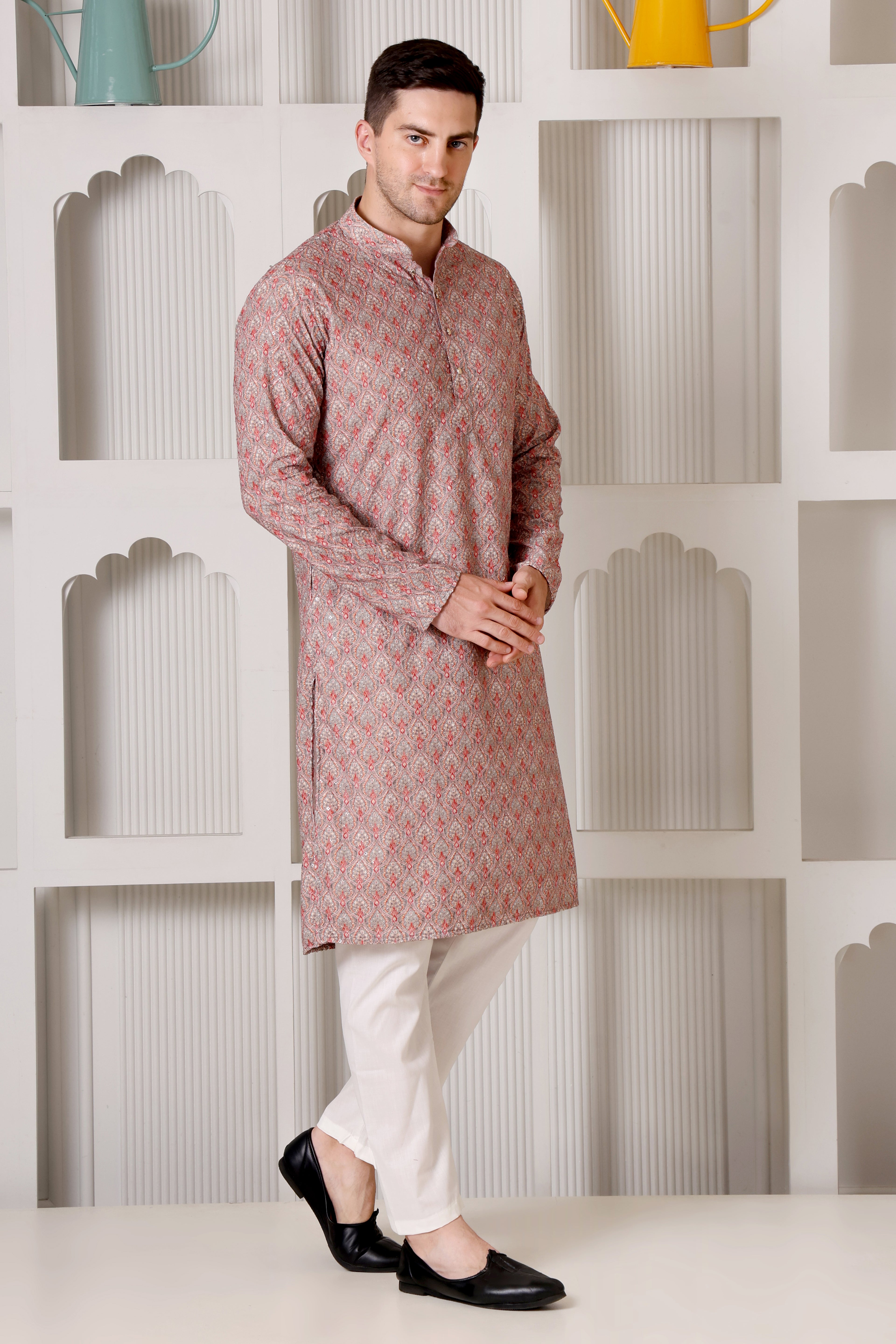 Elegant Red & Grey Printed Cotton Kurta Set for Men