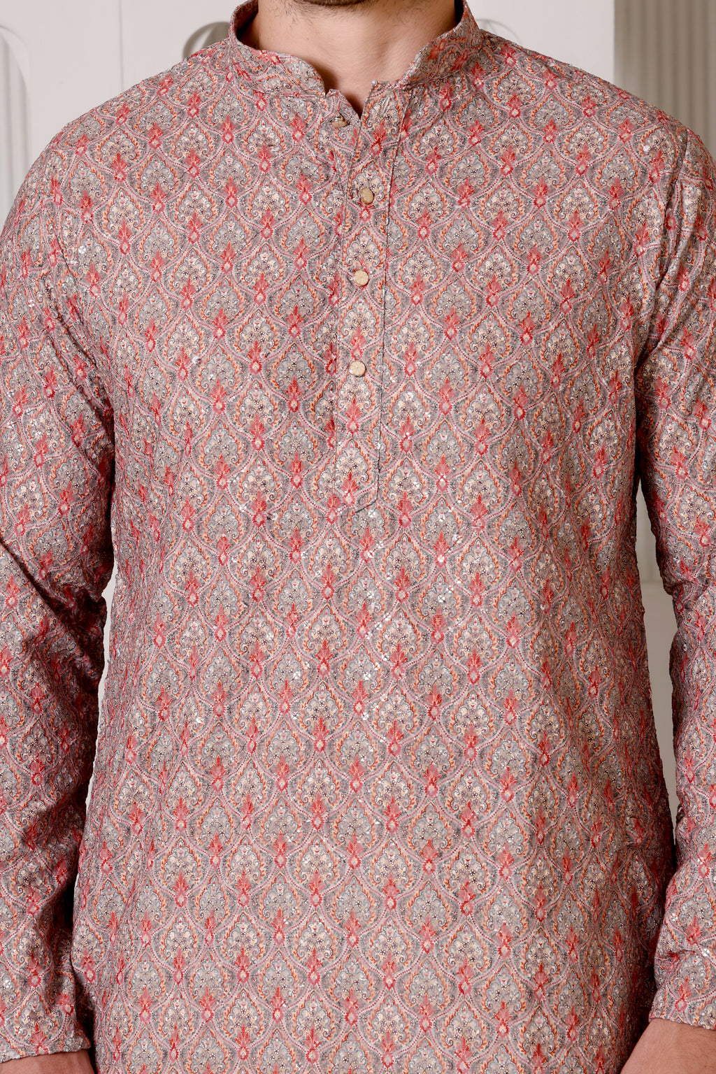 Elegant Red & Grey Printed Cotton Kurta Set for Men