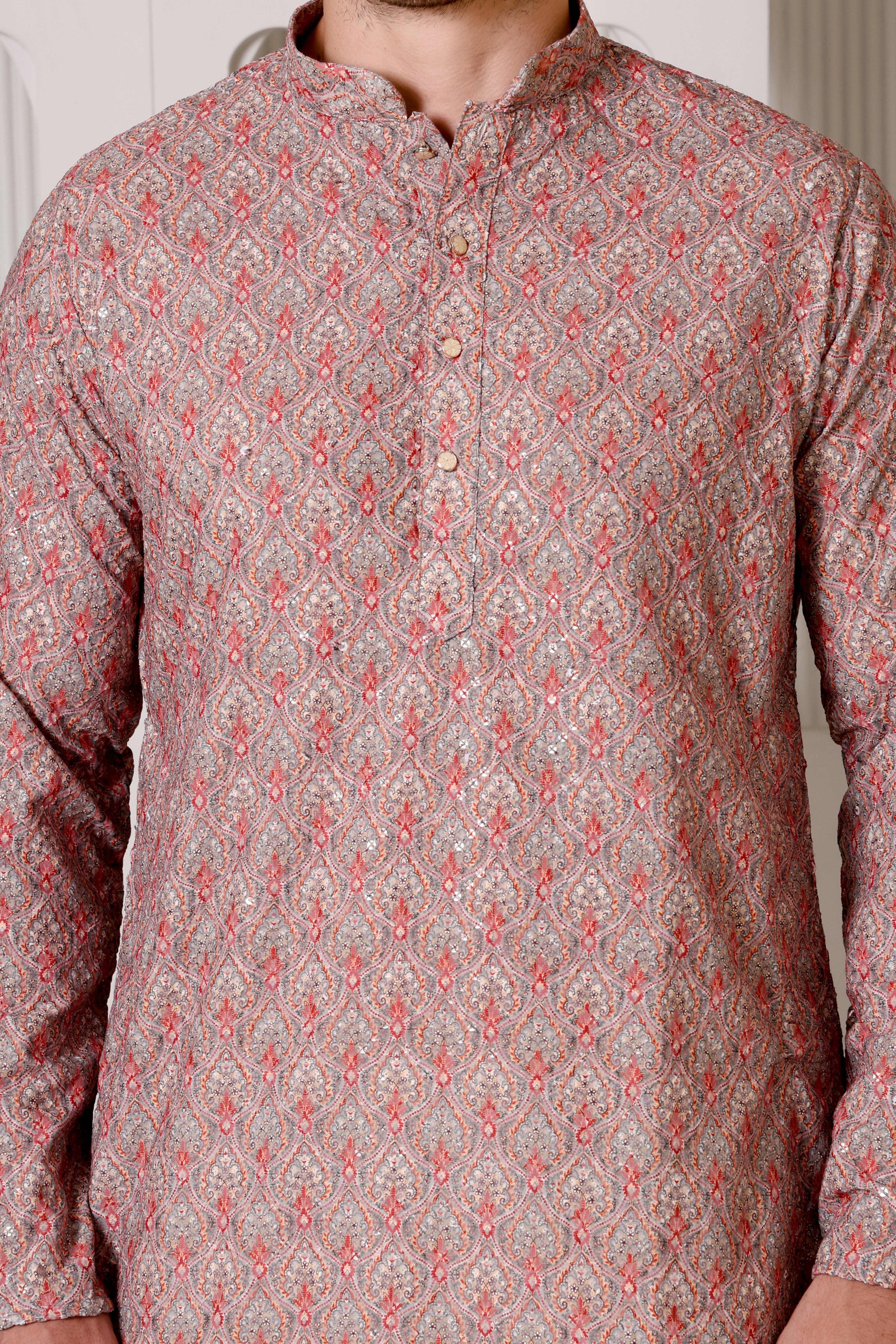 Elegant Red & Grey Printed Cotton Kurta Set for Men