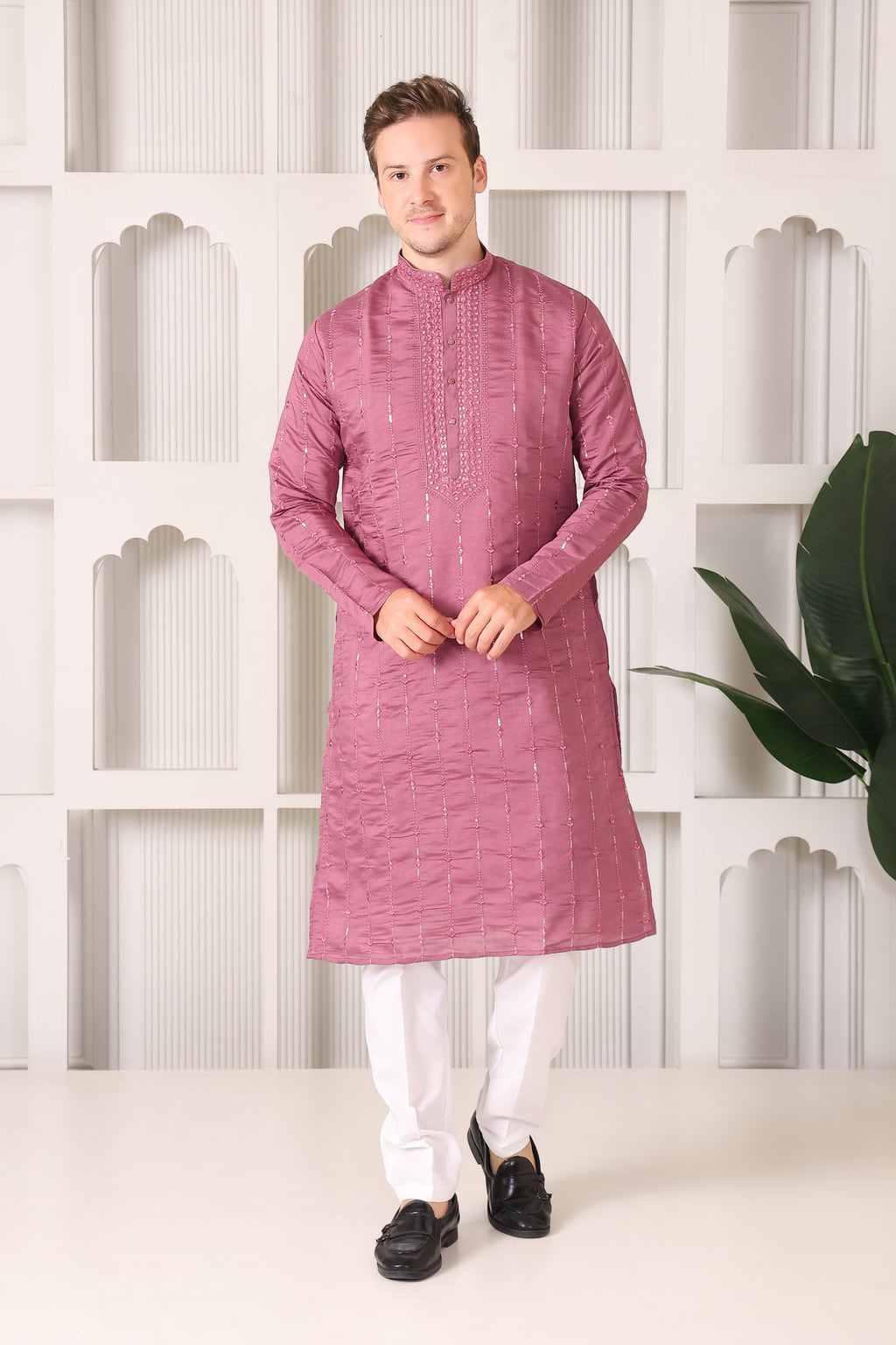Pastel Pink Embroidered Kurta with Mirror & Thread Work – White Pajama Set