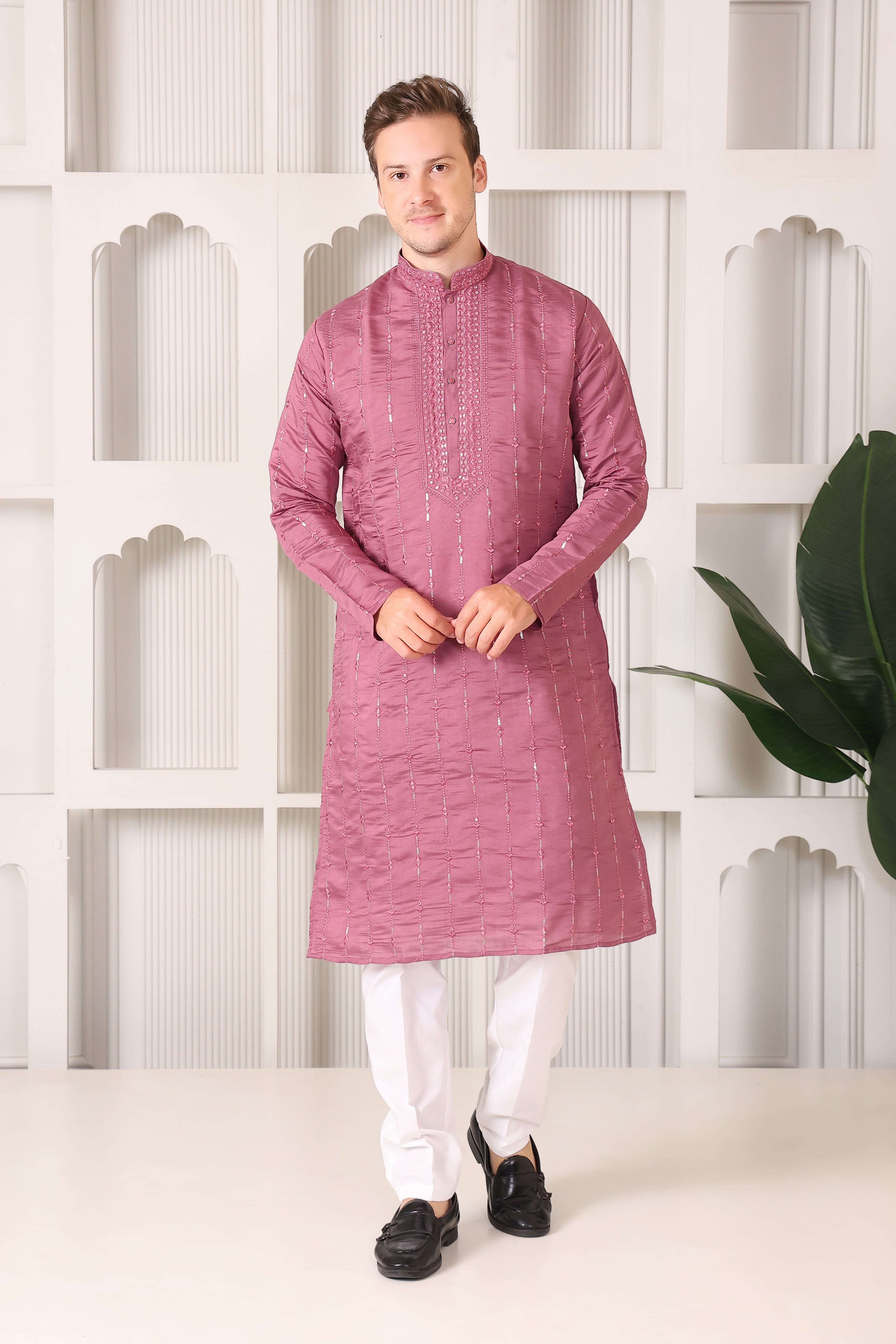 Pastel Pink Embroidered Kurta with Mirror & Thread Work – White Pajama Set