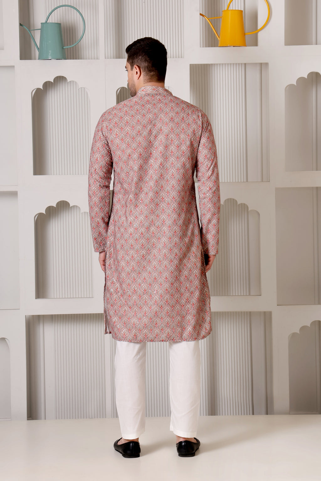 Elegant Red & Grey Printed Cotton Kurta Set for Men