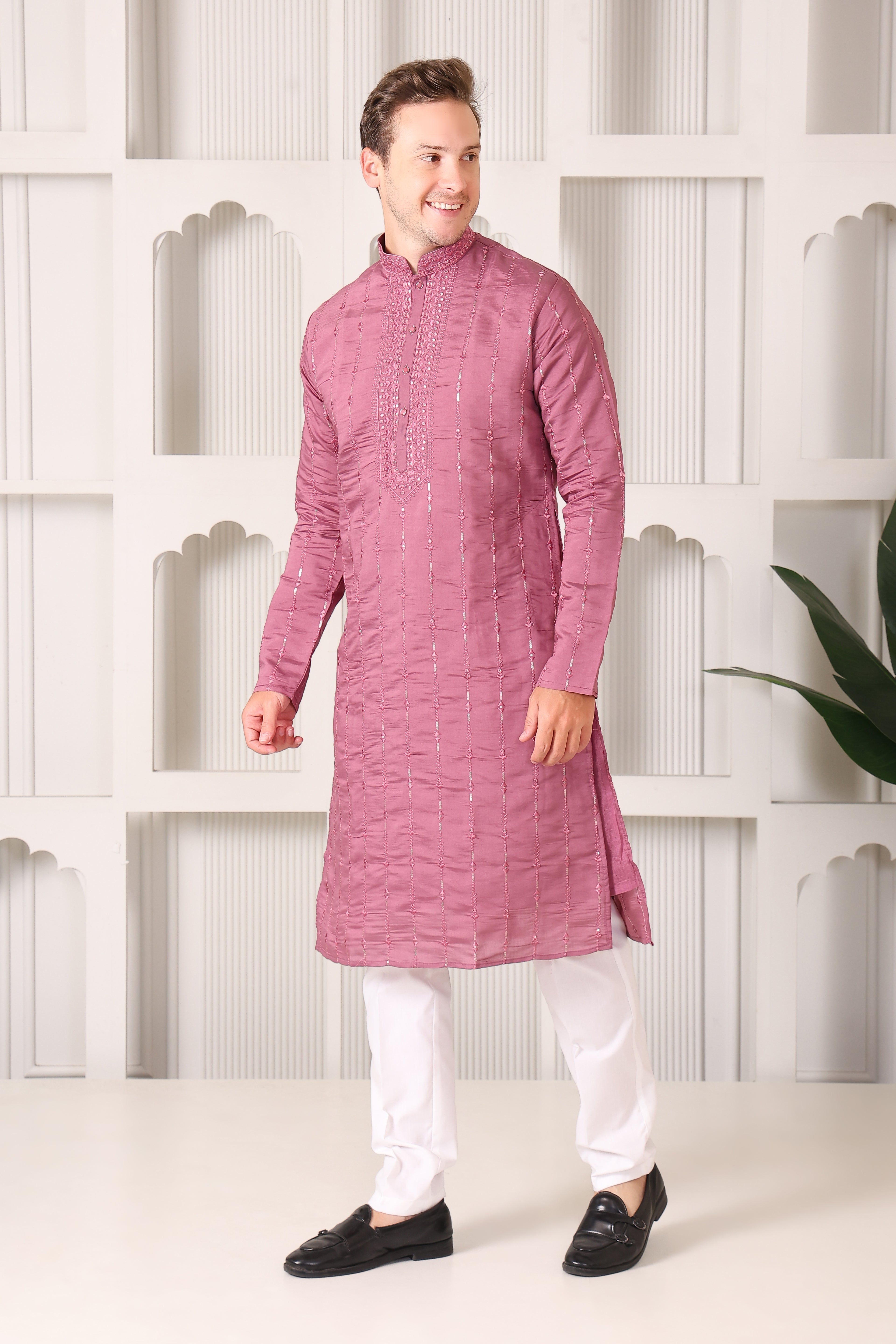 Pastel Pink Embroidered Kurta with Mirror & Thread Work – White Pajama Set