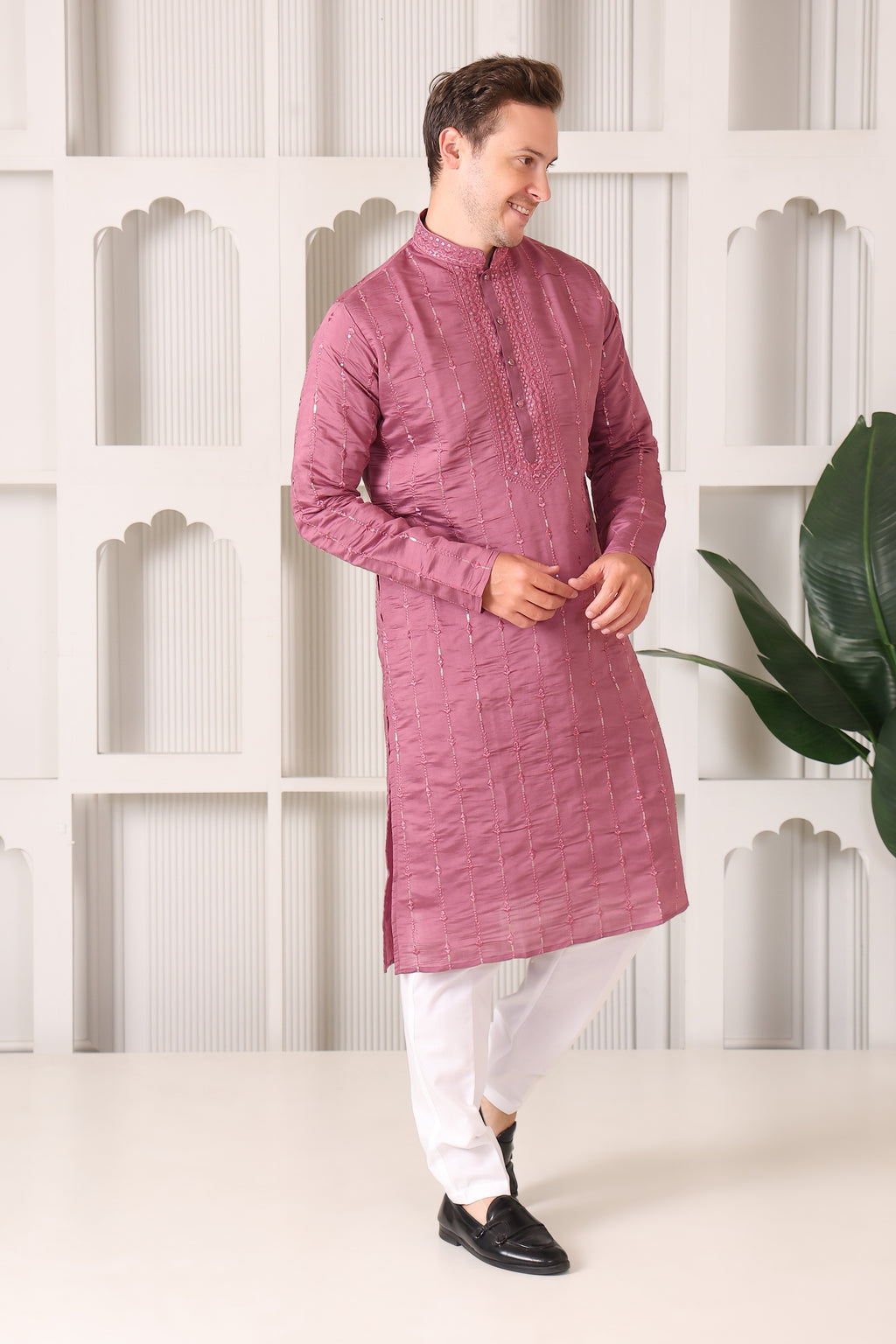 Pastel Pink Embroidered Kurta with Mirror & Thread Work – White Pajama Set
