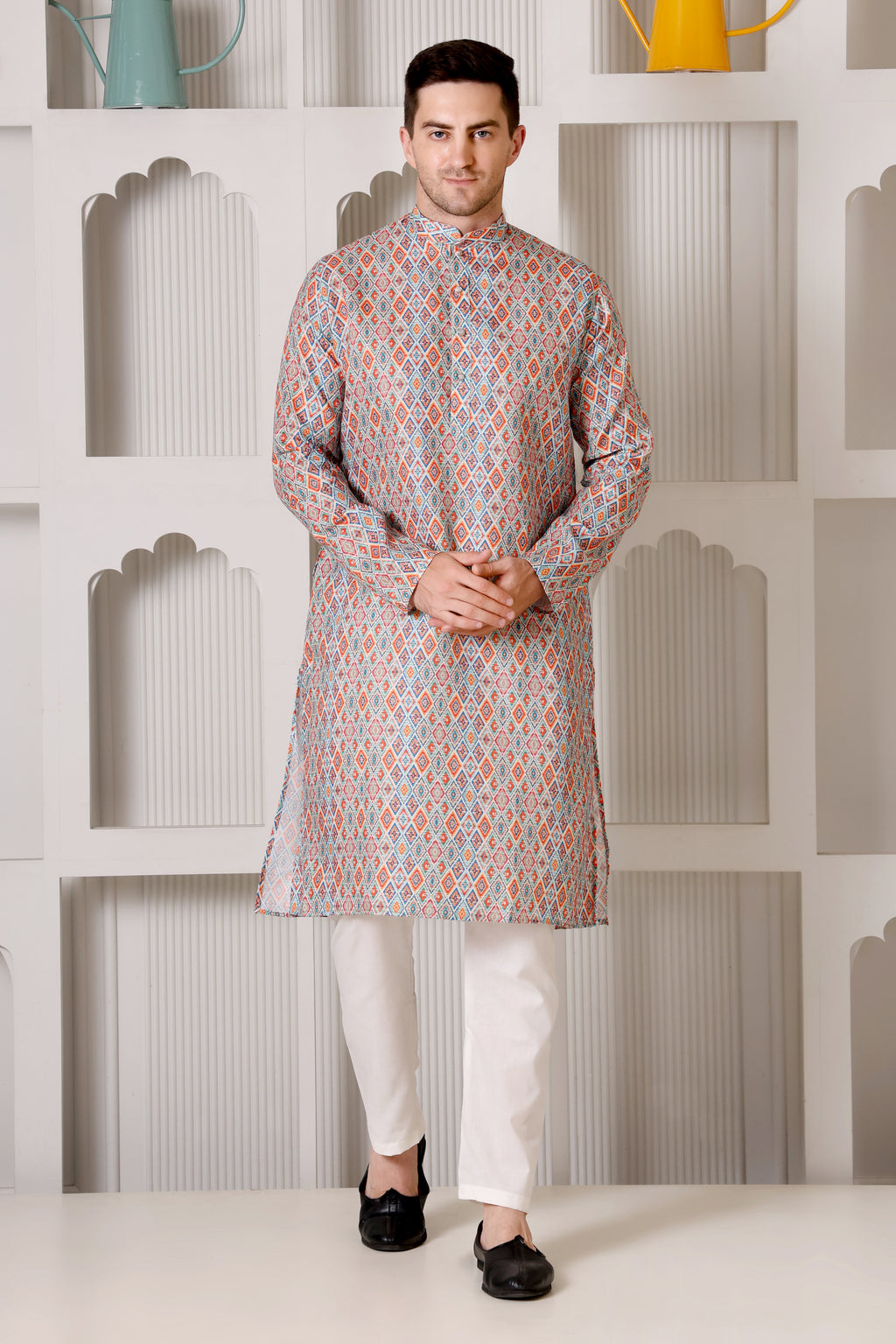 Men’s Multicolor Geometric Diamond Printed Cotton Kurta Set