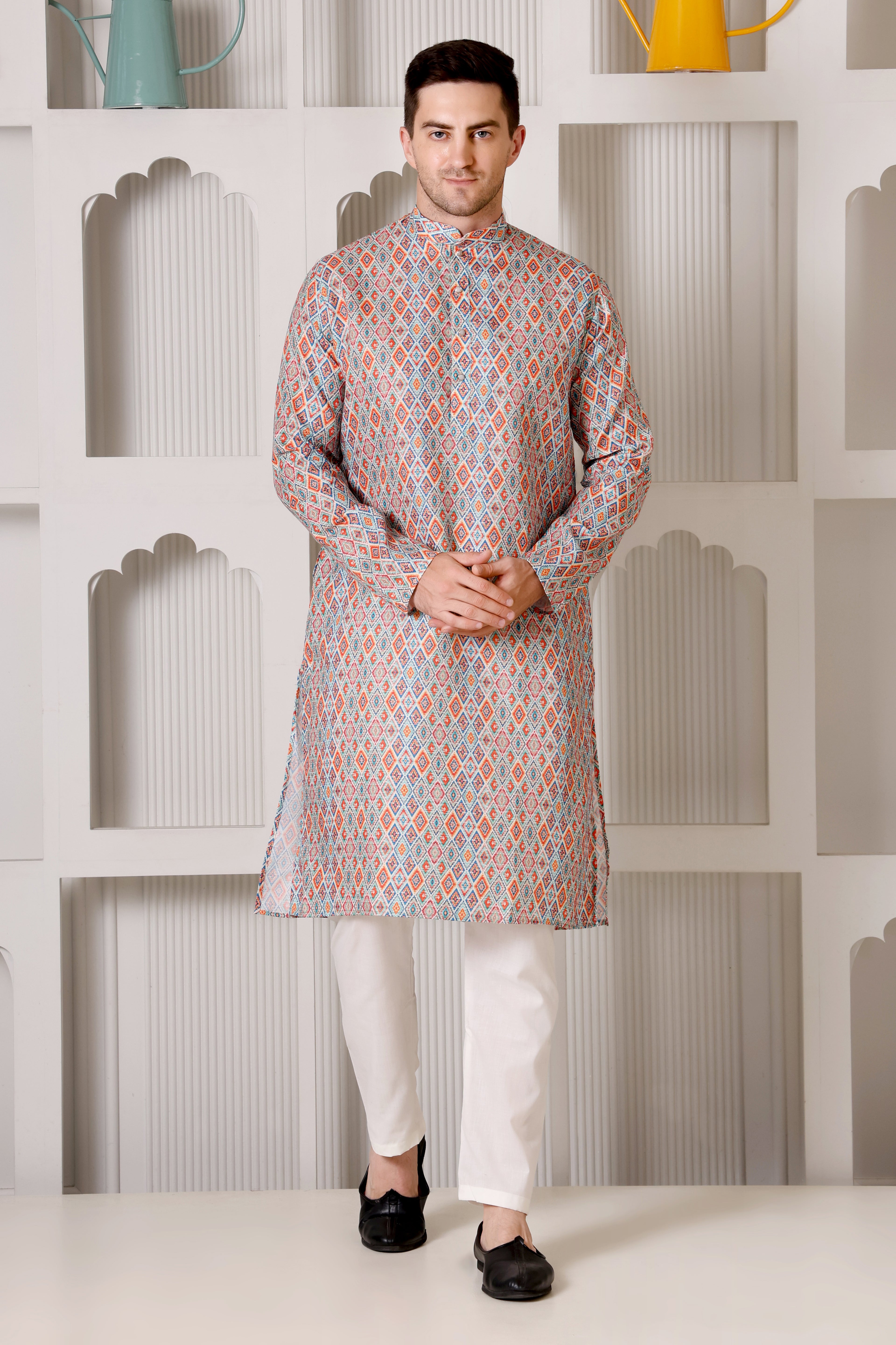 Men’s Multicolor Geometric Diamond Printed Cotton Kurta Set