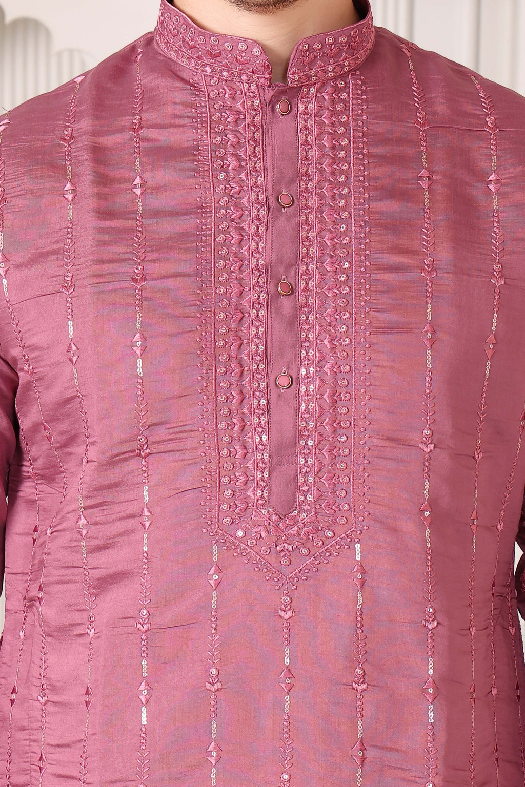 Pastel Pink Embroidered Kurta with Mirror & Thread Work – White Pajama Set