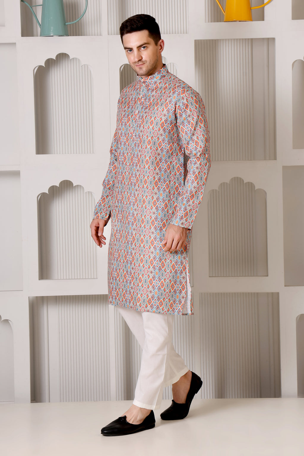 Men’s Multicolor Geometric Diamond Printed Cotton Kurta Set