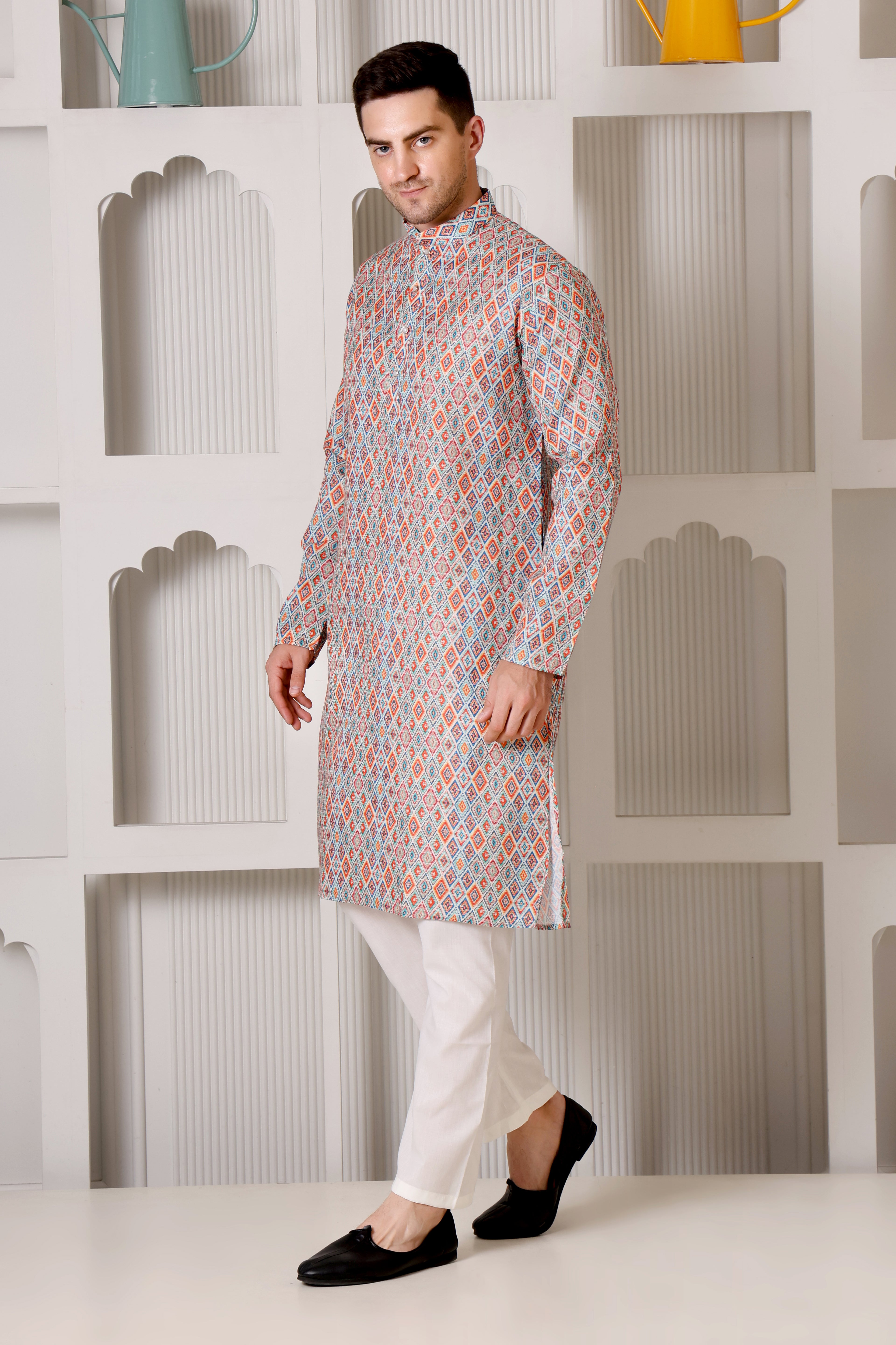 Men’s Multicolor Geometric Diamond Printed Cotton Kurta Set
