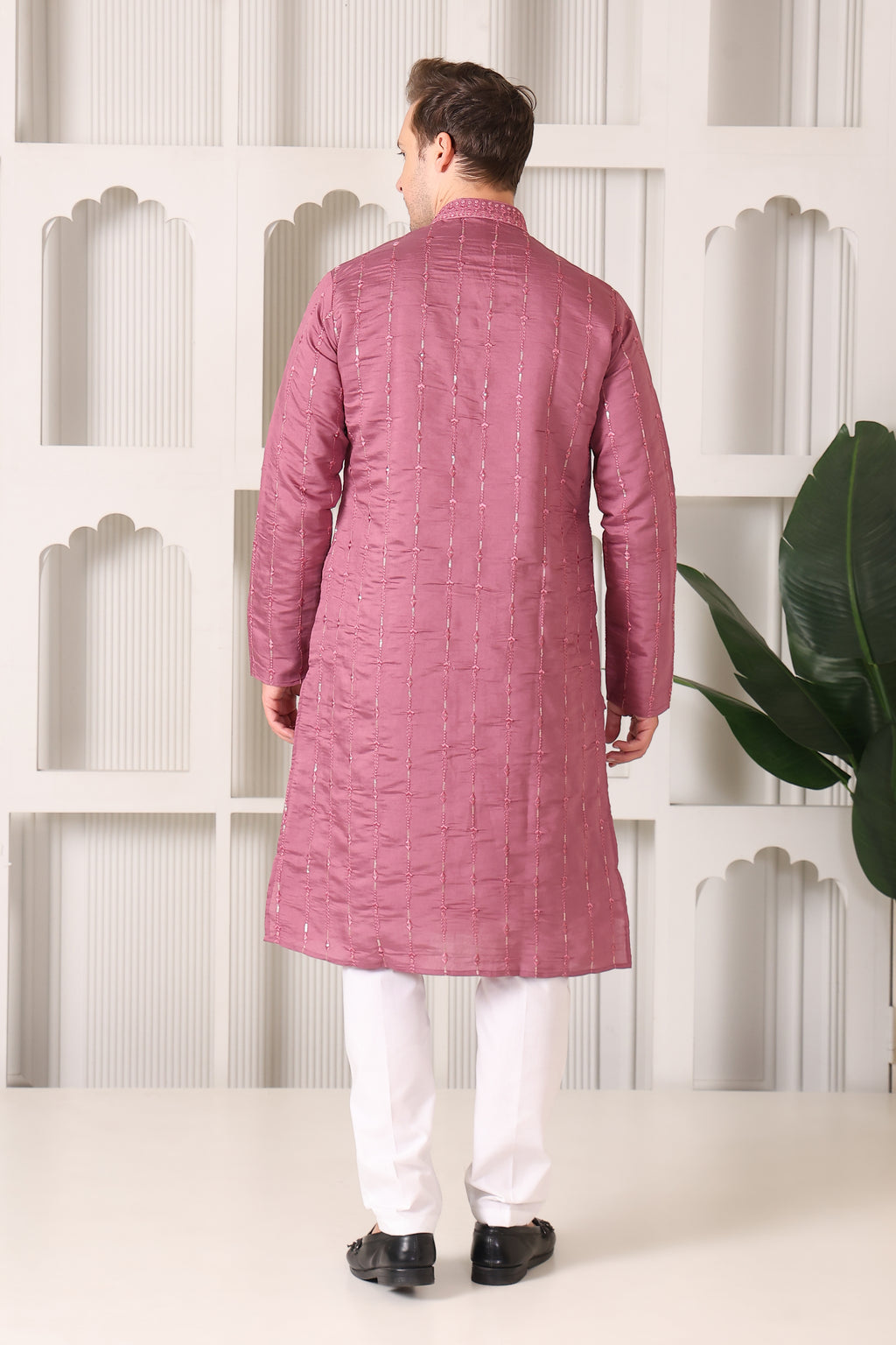 Pastel Pink Embroidered Kurta with Mirror & Thread Work – White Pajama Set