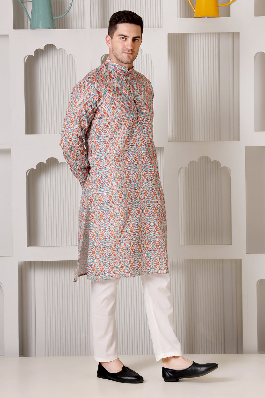 Men’s Multicolor Geometric Diamond Printed Cotton Kurta Set