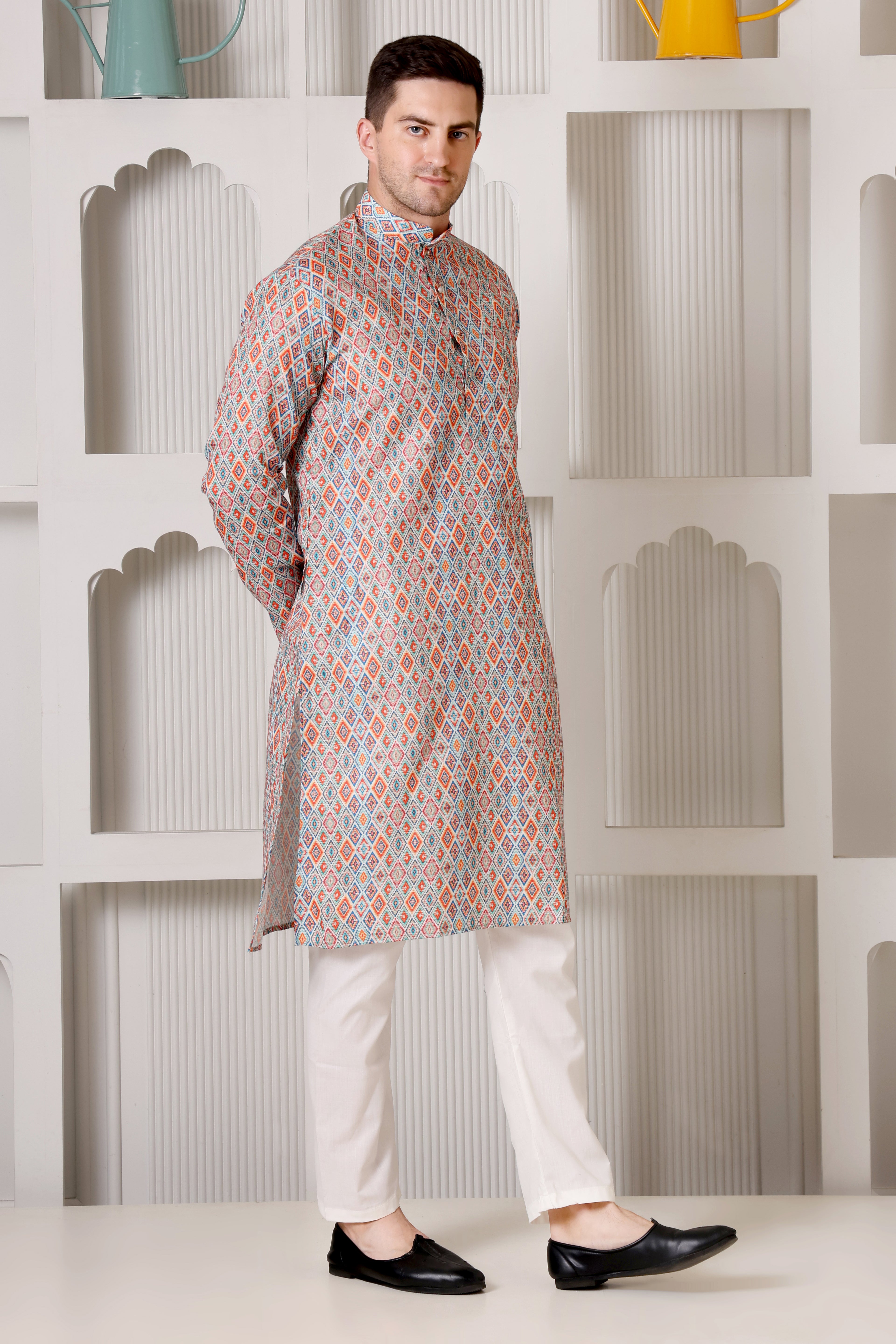 Men’s Multicolor Geometric Diamond Printed Cotton Kurta Set