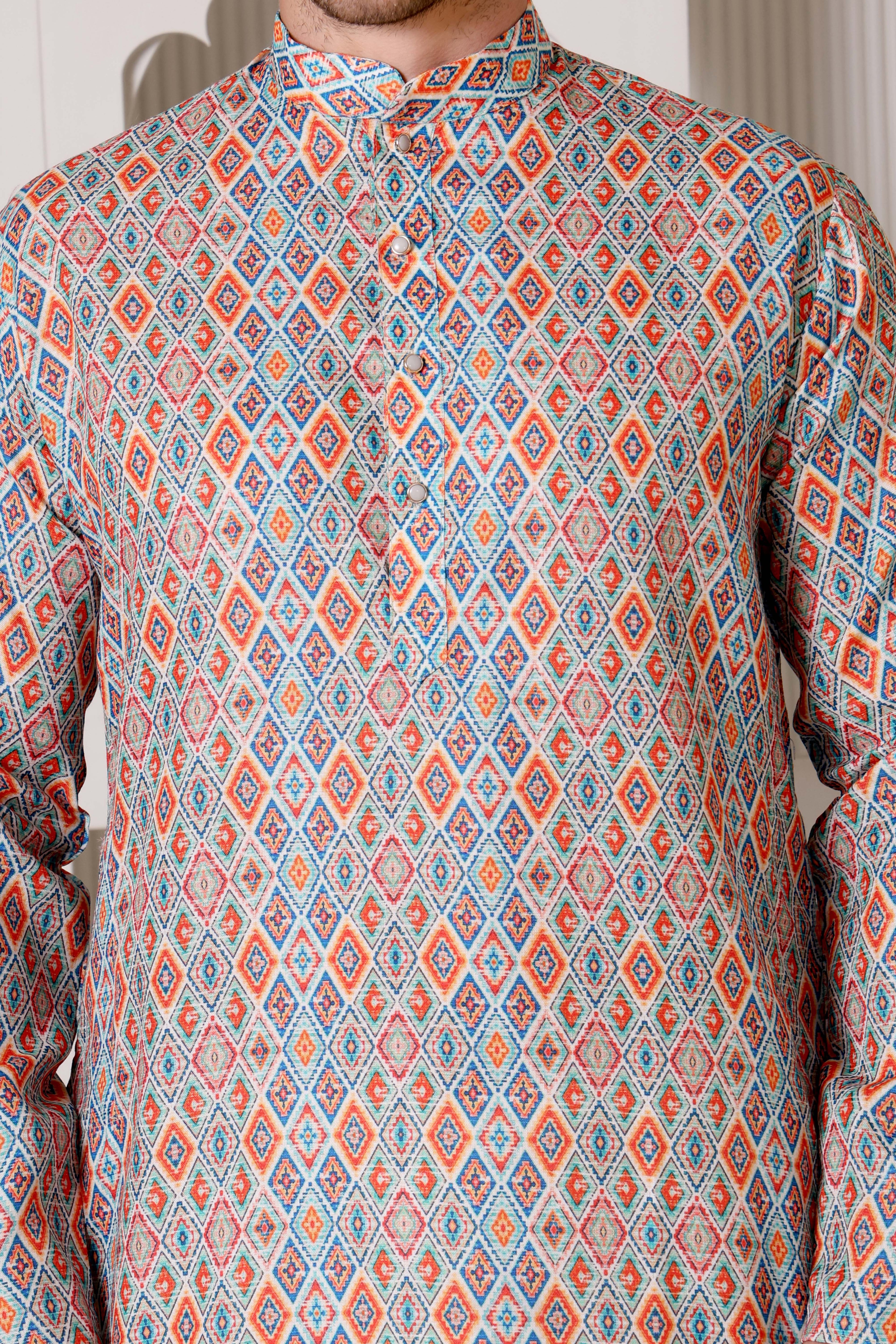Men’s Multicolor Geometric Diamond Printed Cotton Kurta Set